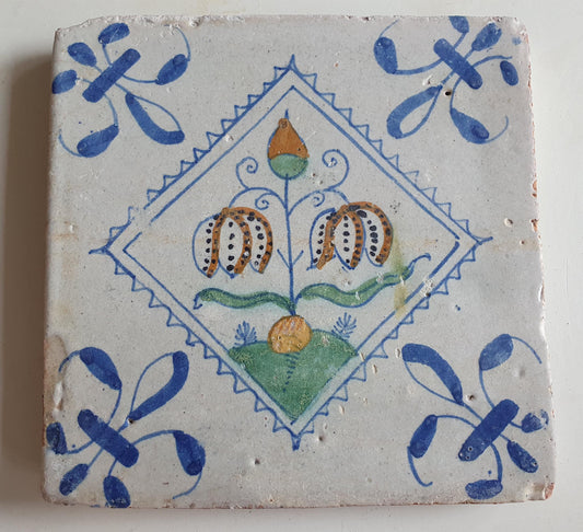 Antique Dutch Tile, Kivitsbloem Tulip, 1640 Polychrome Majolica