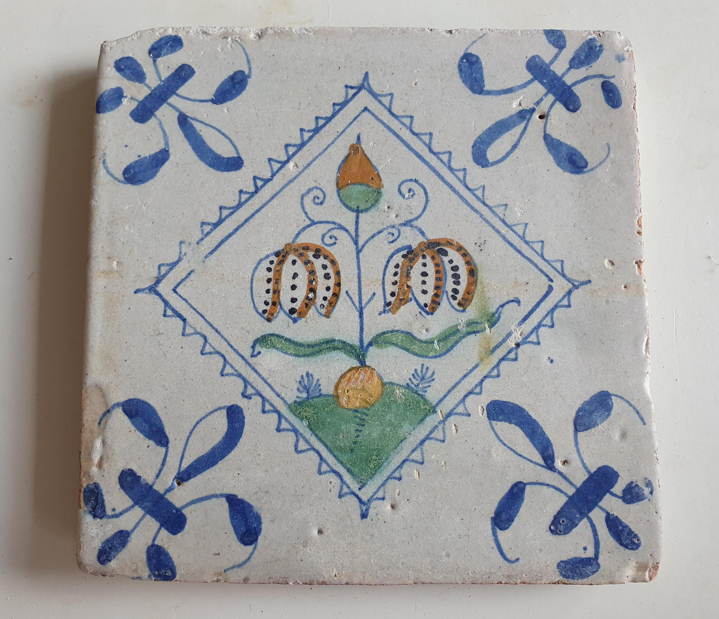 Antique Dutch Tile, Kivitsbloem Tulip, 1640 Polychrome Majolica
