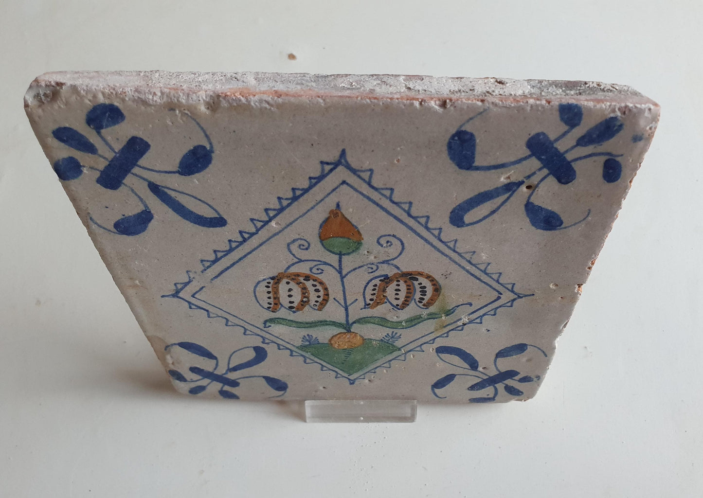 Antique Dutch Tile, Kivitsbloem Tulip, 1640 Polychrome Majolica