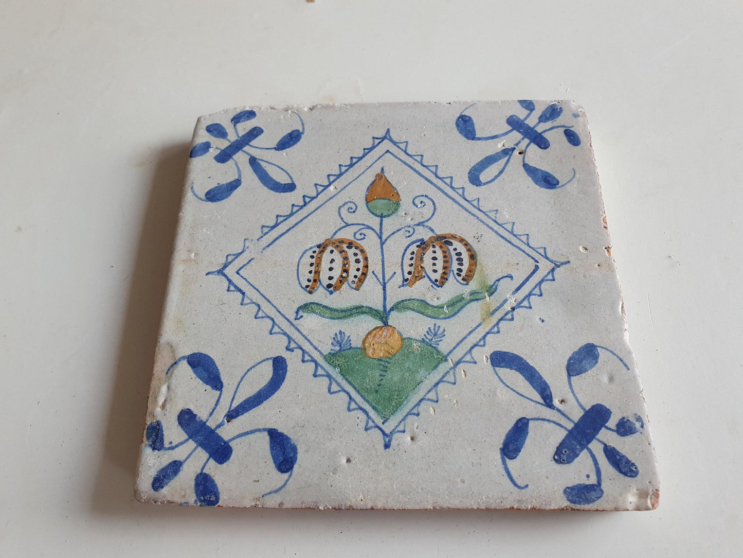 Antique Dutch Tile, Kivitsbloem Tulip, 1640 Polychrome Majolica
