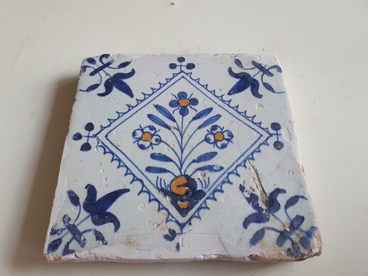 Dutch  polychrome flower antique tile 17th century - delft holland ornament tile 1600- 1620