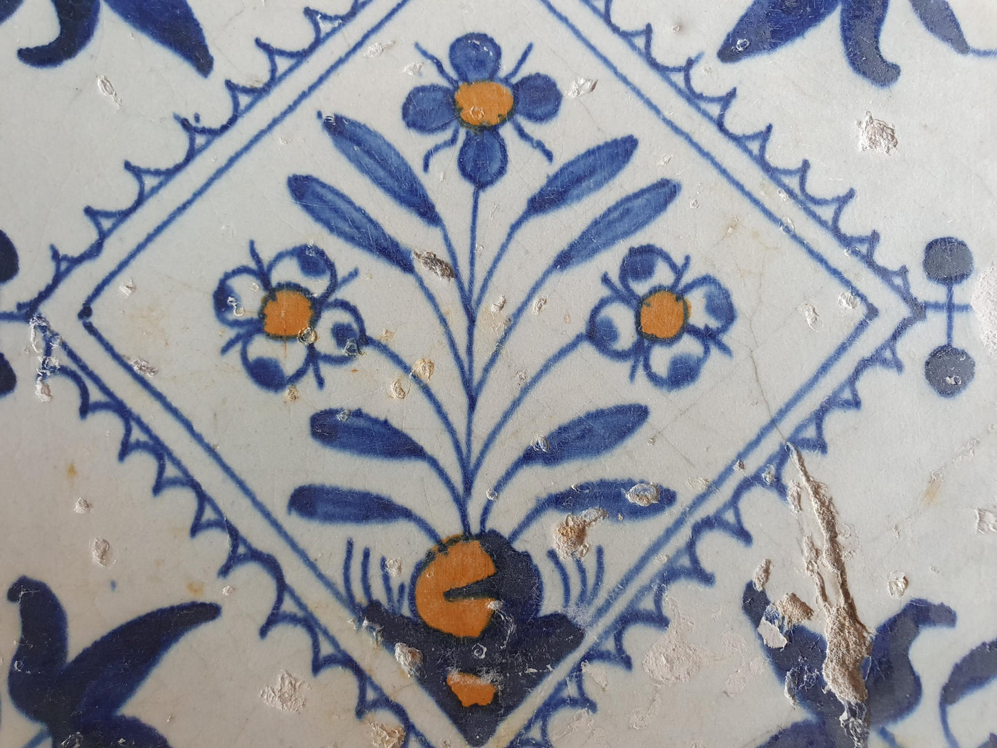 Dutch  polychrome flower antique tile 17th century - delft holland ornament tile 1600- 1620