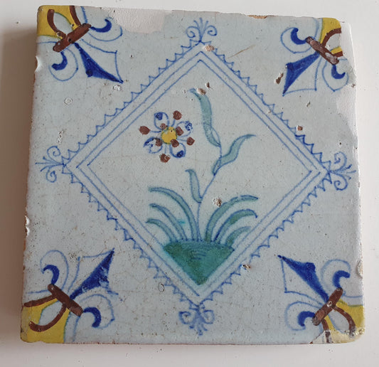 Dutch  polychrome flower antique tile 17th century - delft holland  tile  1640
