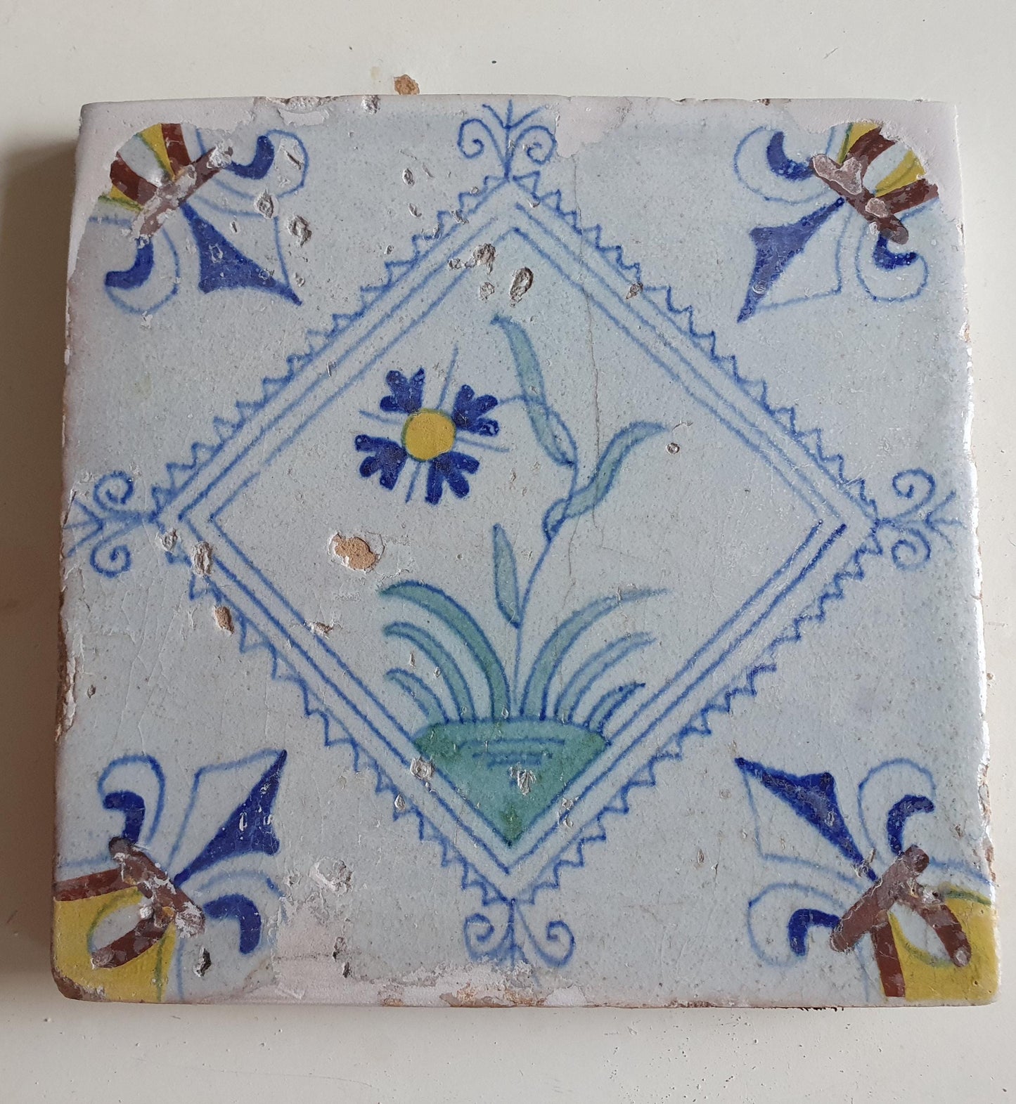 Dutch  polychrome flower antique tile 17th century - delft holland  tile  1640