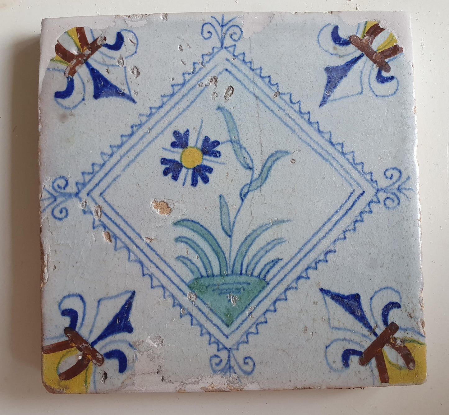 Dutch  polychrome flower antique tile 17th century - delft holland  tile  1640