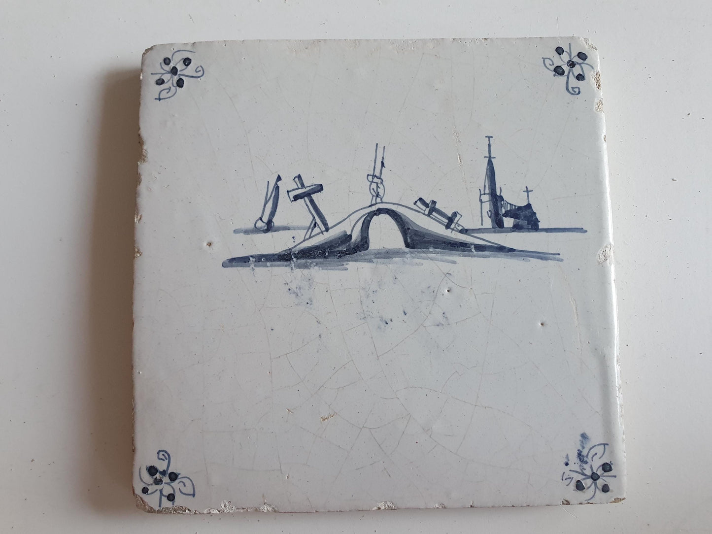 17th Century Dutch Delft Tile, Holland Landscape, 13x13