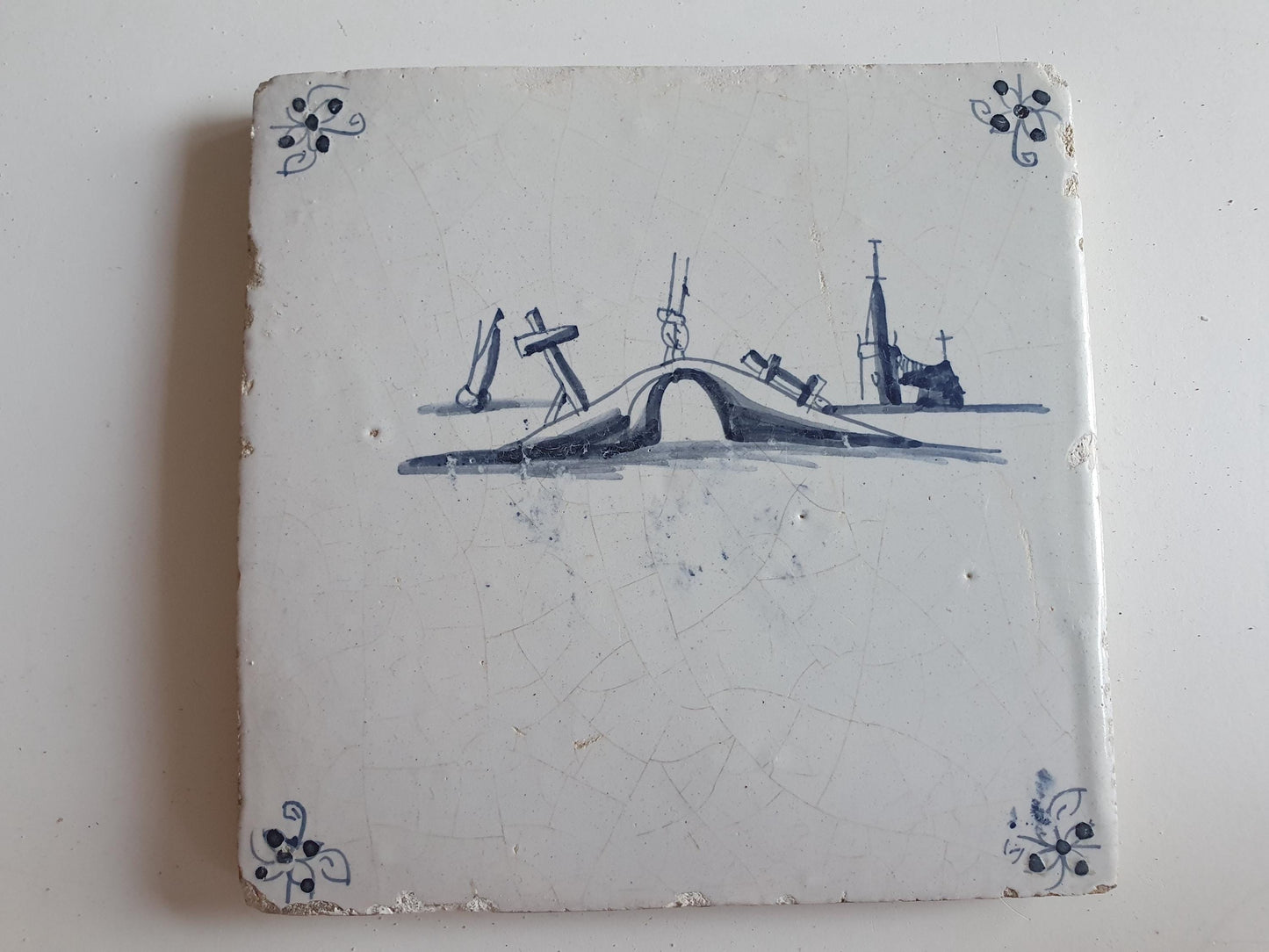 17th Century Dutch Delft Tile, Holland Landscape, 13x13