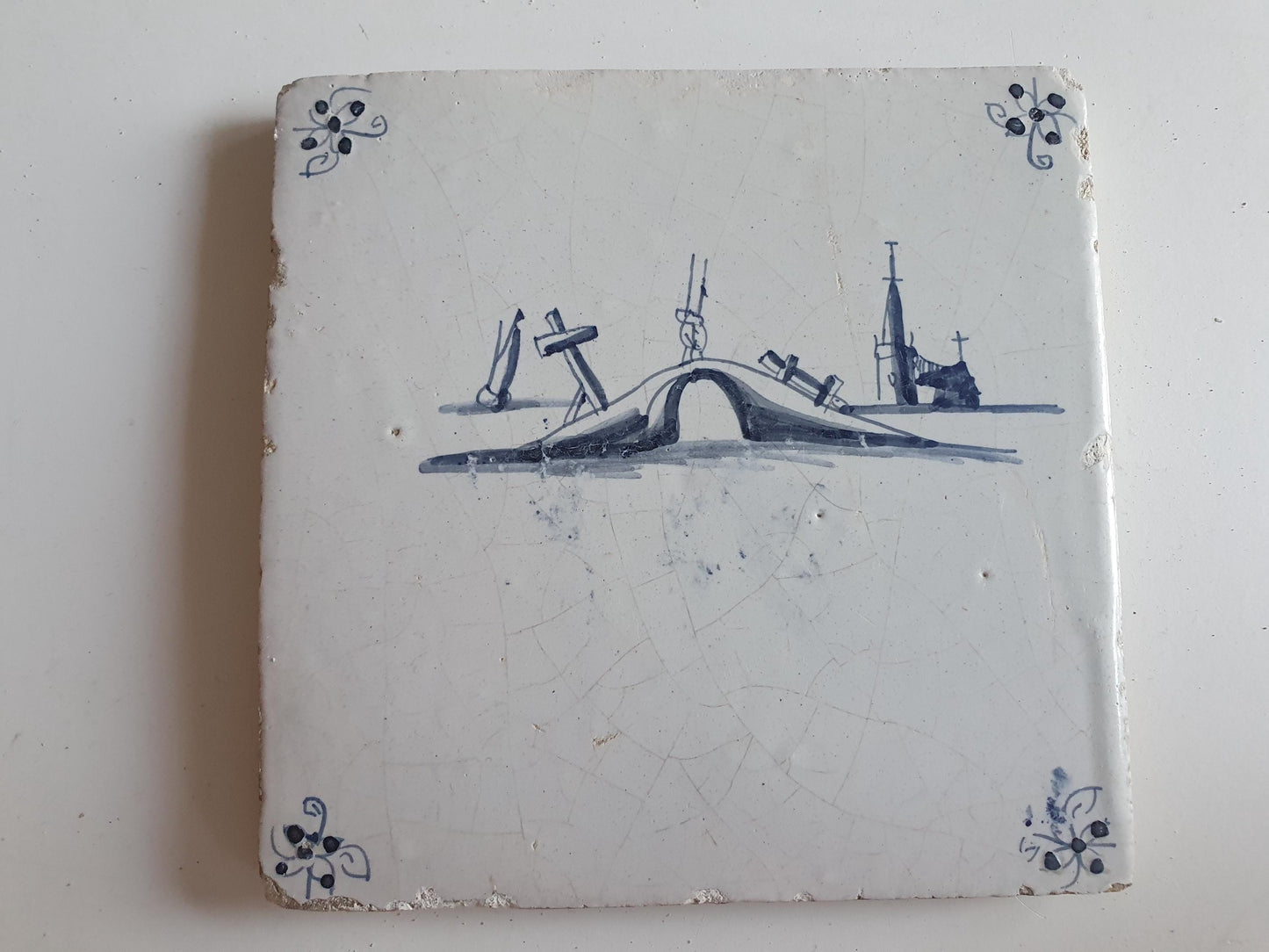 17th Century Dutch Delft Tile, Holland Landscape, 13x13