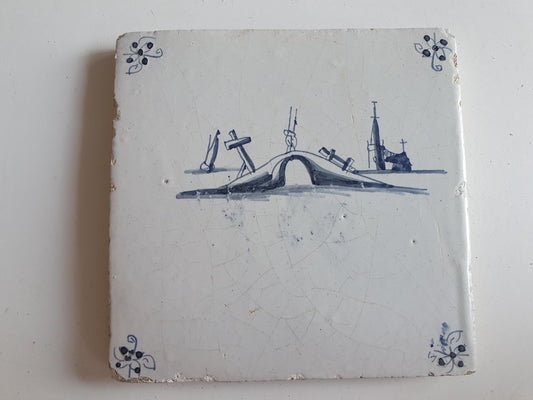 17th Century Dutch Delft Tile, Holland Landscape, 13x13