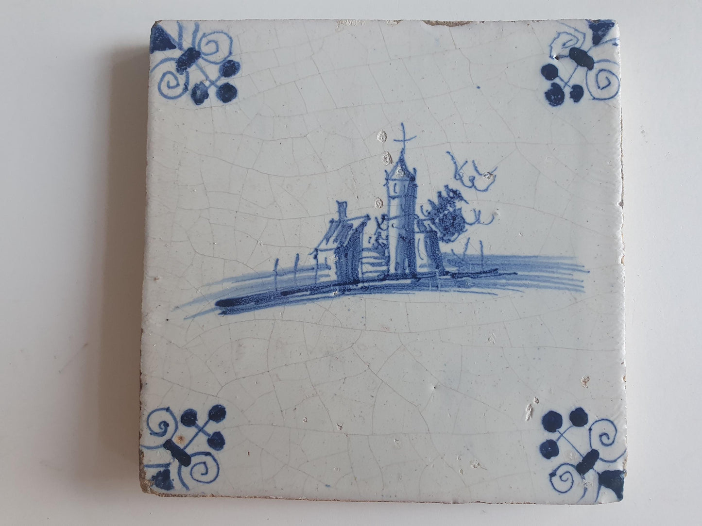 17th Century Dutch Delft Tile, Holland Landscape (13x13)