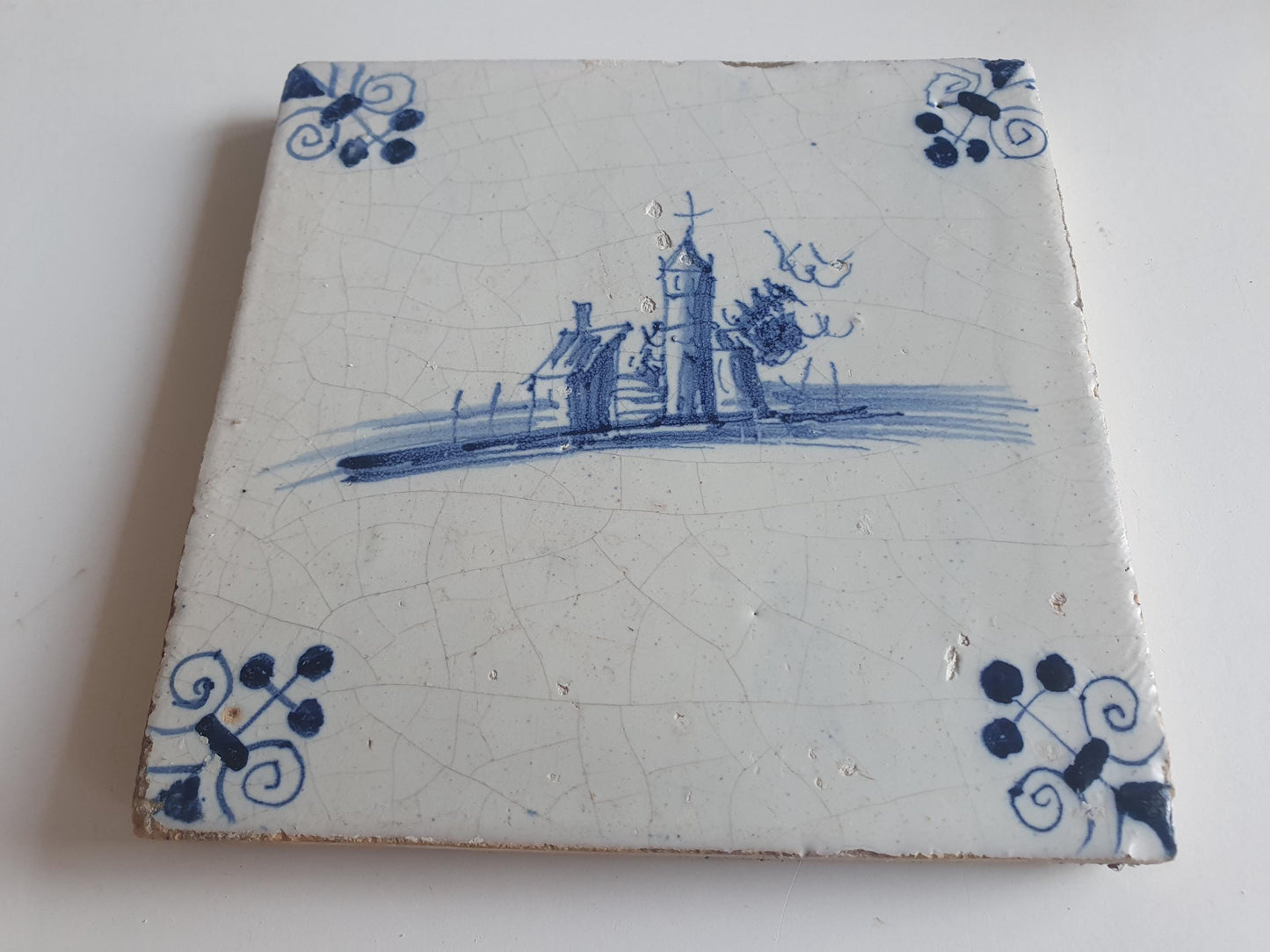17th Century Dutch Delft Tile, Holland Landscape (13x13)