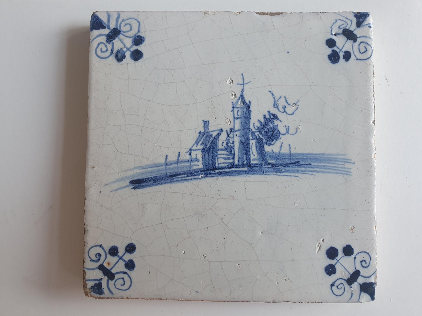 17th Century Dutch Delft Tile, Holland Landscape (13x13)