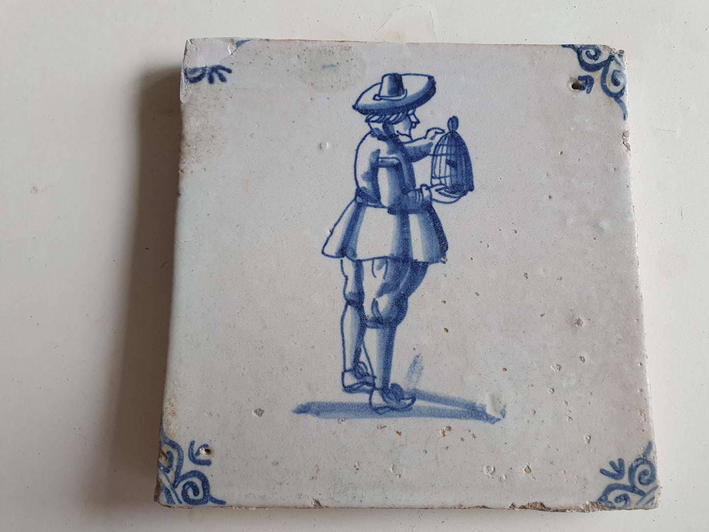 Dutch antique tile, 17th century, bird catcher  1640