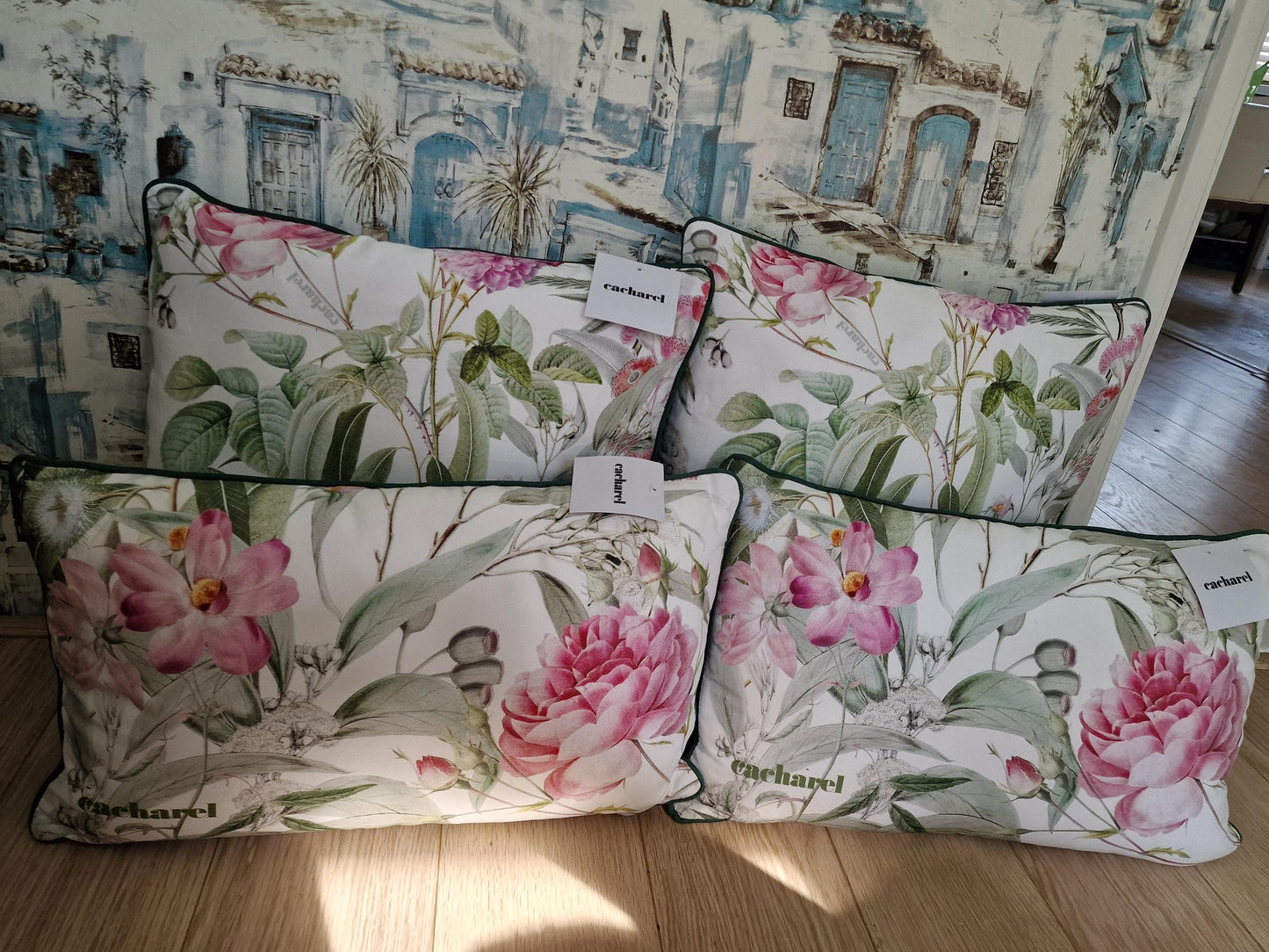 4 cacharel Floral Pillow Set, Designer Couch Cushions, Rose Accent Pillows