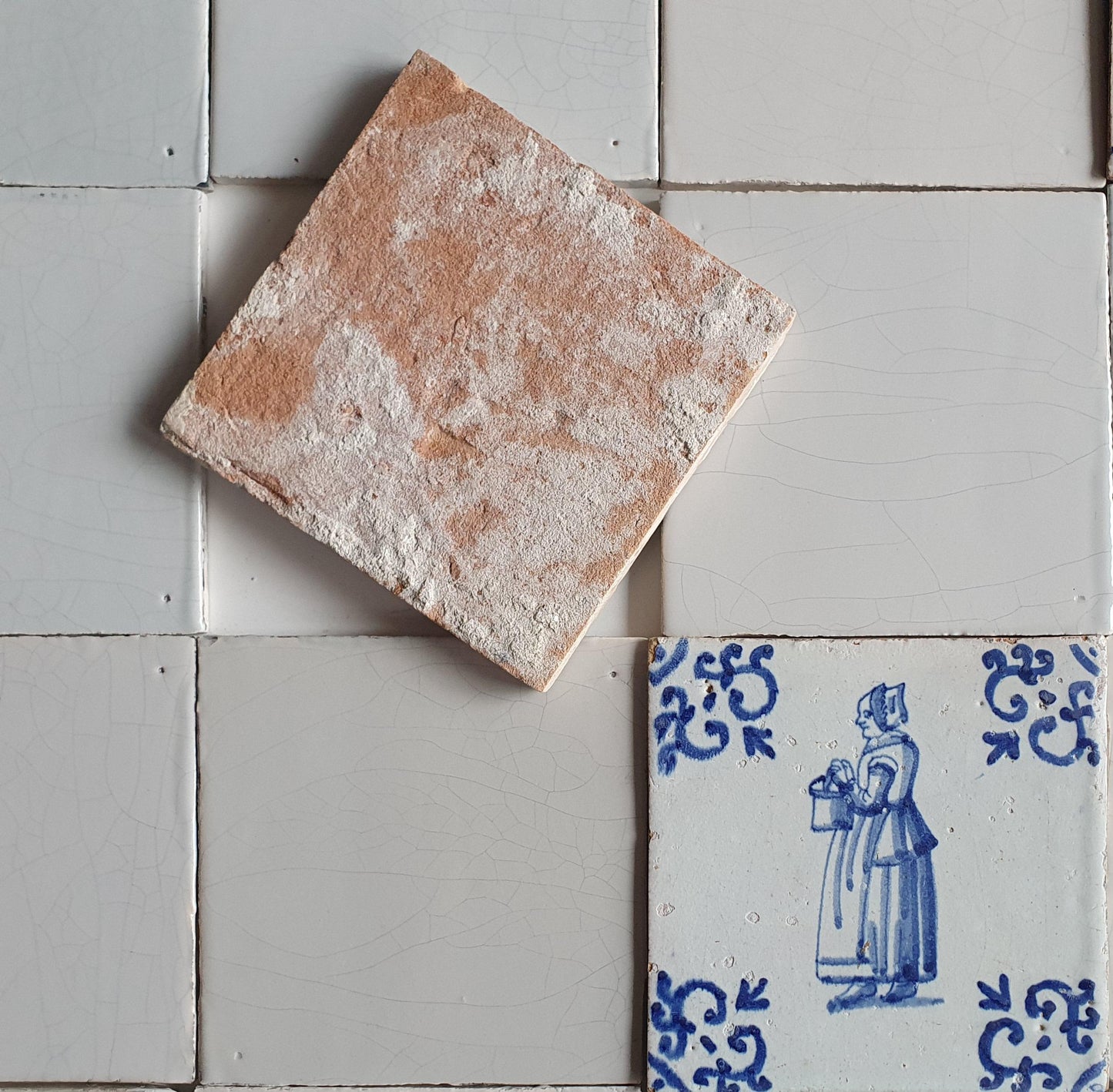17th Century Delft Tiles, Dutch Tilefield, Artisan White & Blue