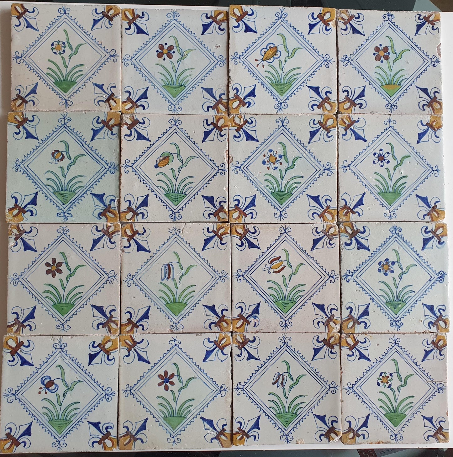 17th Century Delft Tiles | Antique Dutch Tilefield, Floral Motifs (16pc)