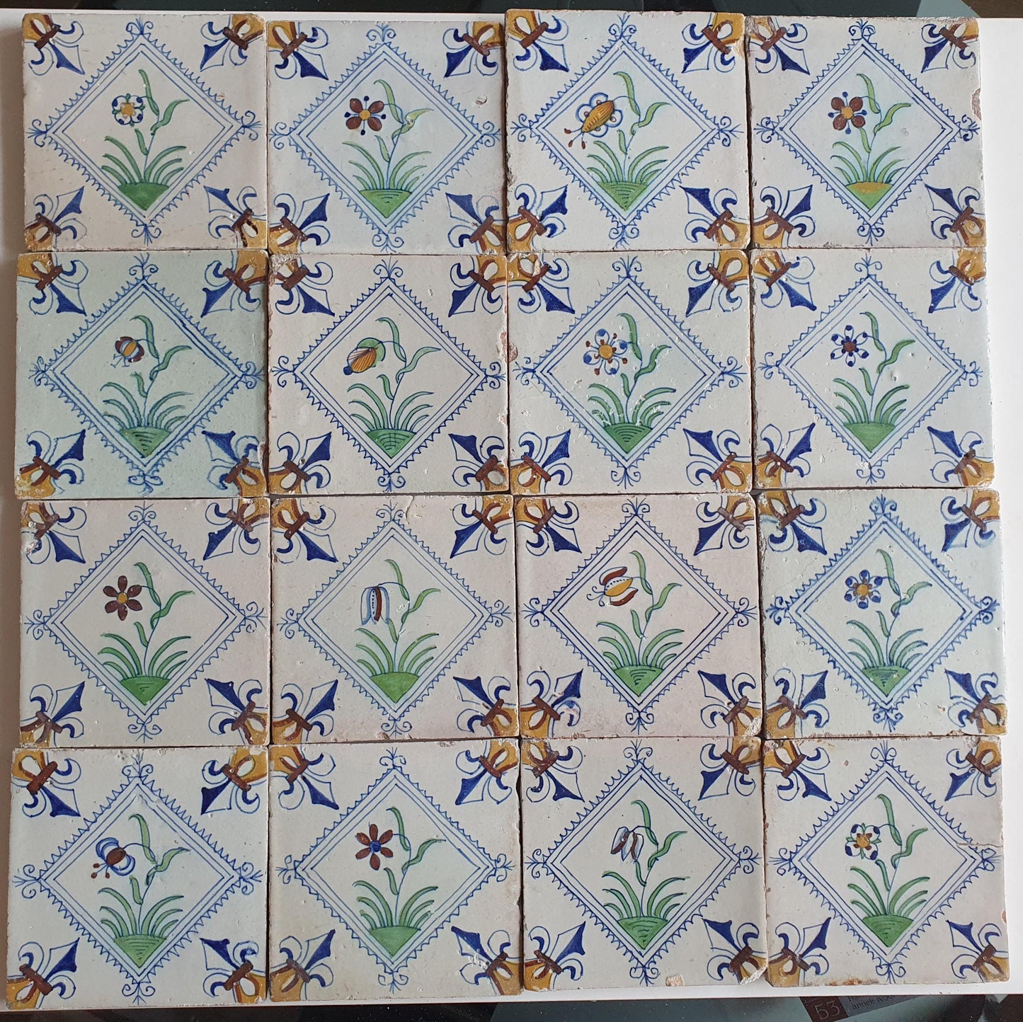 17th Century Delft Tiles | Antique Dutch Tilefield, Floral Motifs (16pc)