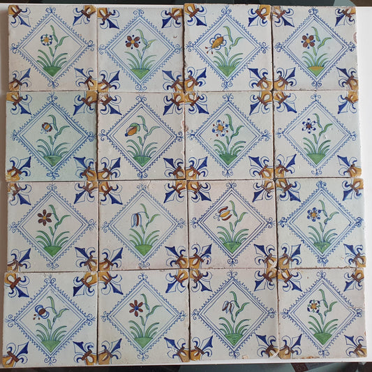 17th Century Delft Tiles | Antique Dutch Tilefield, Floral Motifs (16pc)