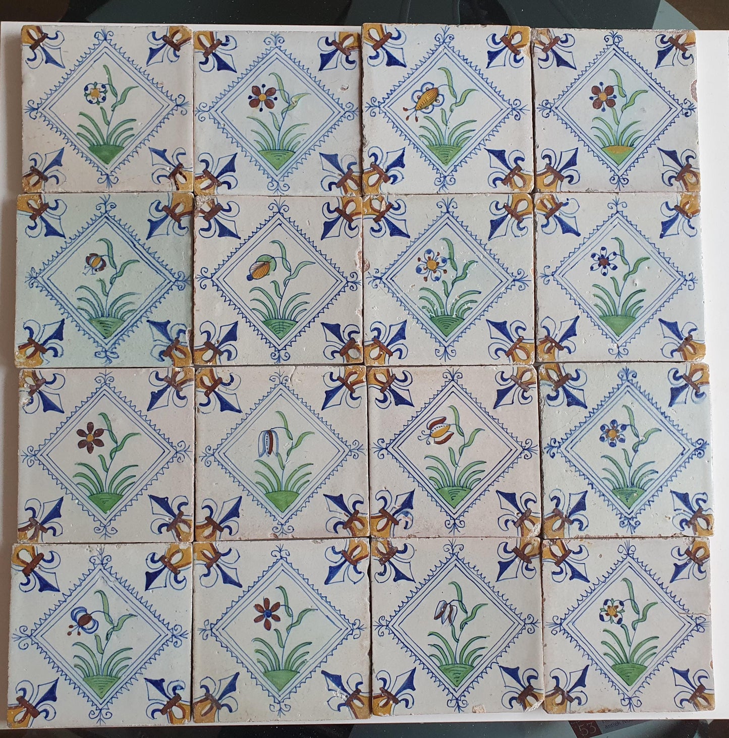 17th Century Delft Tiles | Antique Dutch Tilefield, Floral Motifs (16pc)