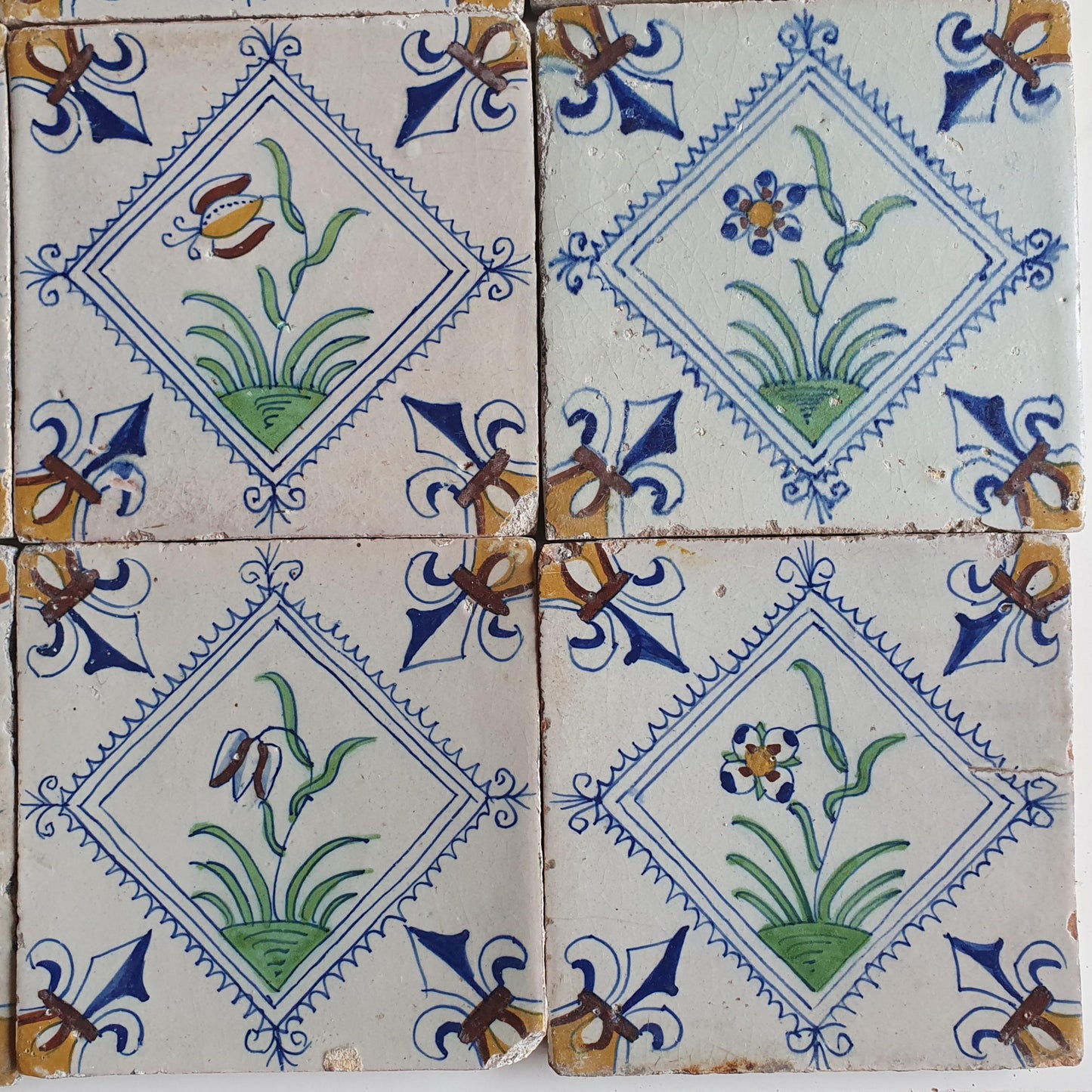 17th Century Delft Tiles | Antique Dutch Tilefield, Floral Motifs (16pc)