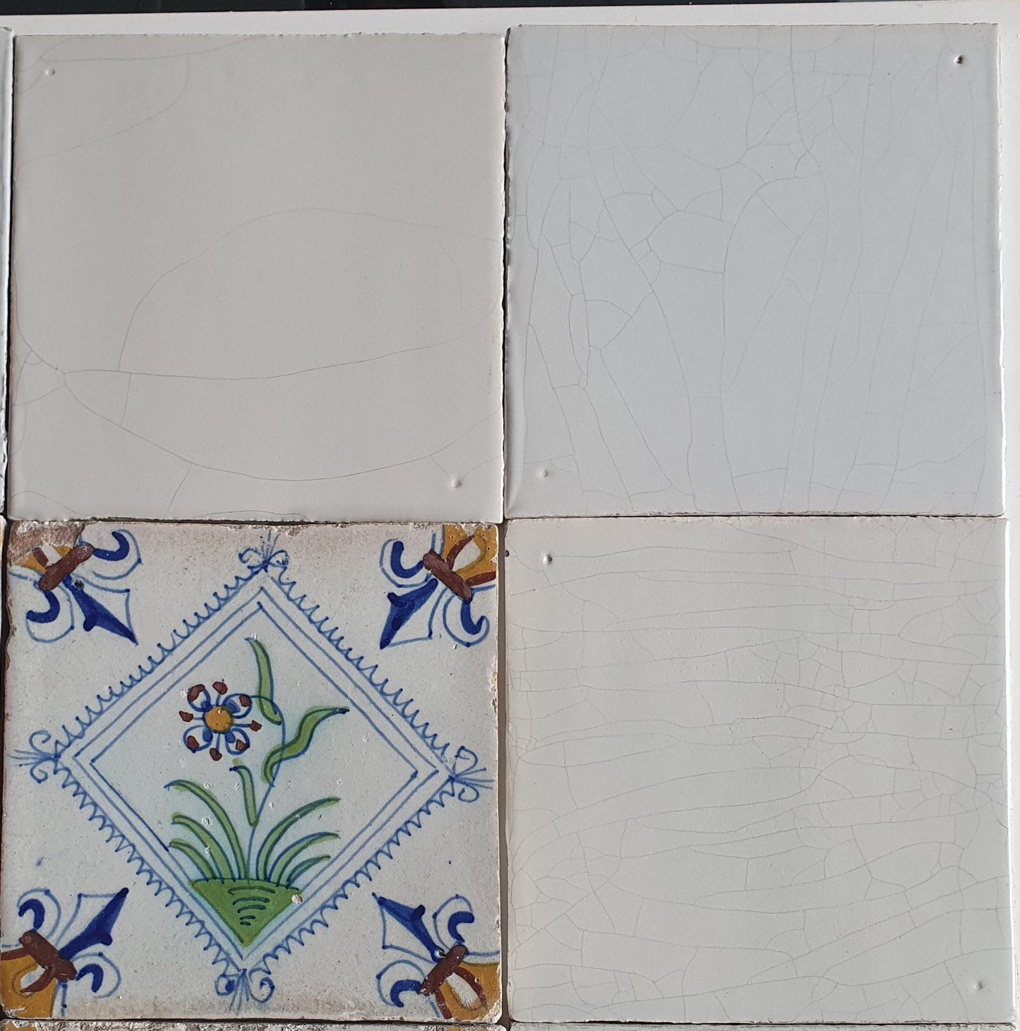 17th Century Delft Tiles, Dutch Polychrome Flower, White Tile Set