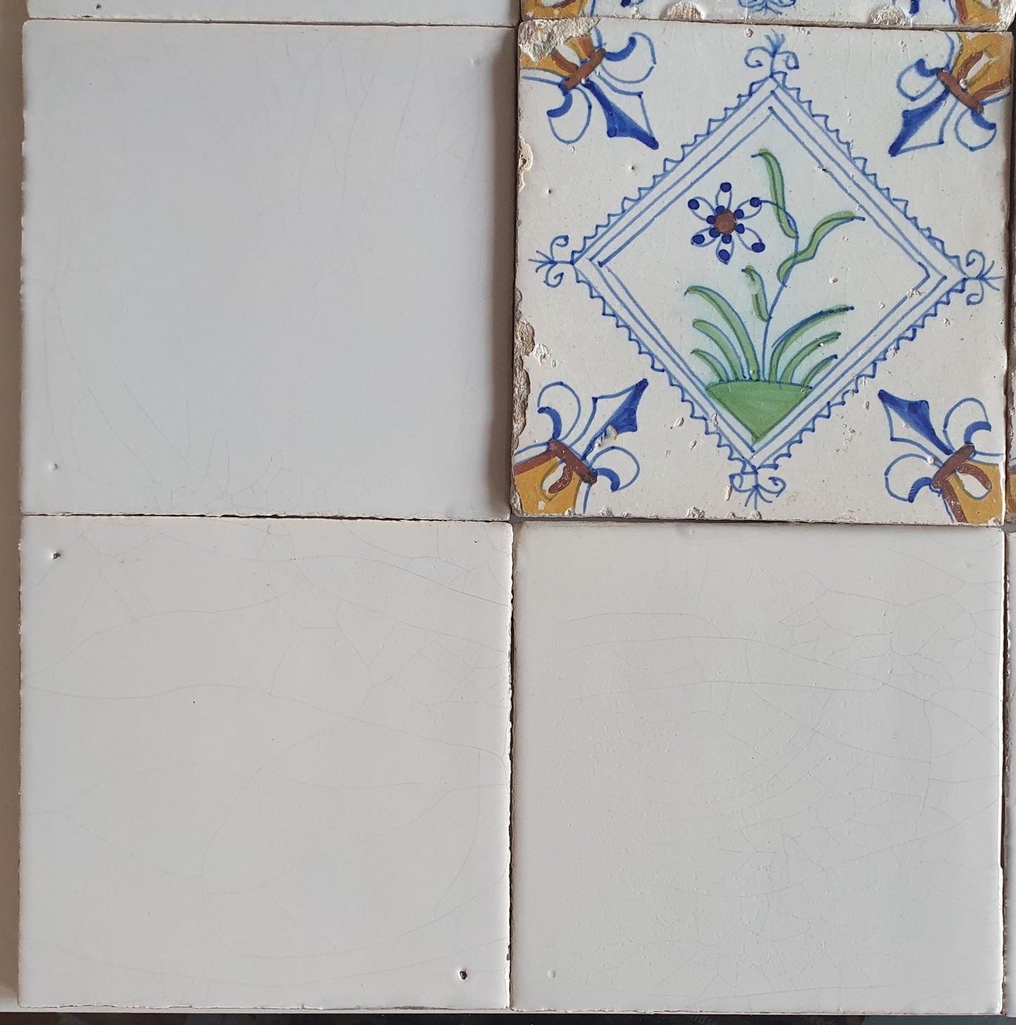 17th Century Delft Tiles, Dutch Polychrome Flower, White Tile Set