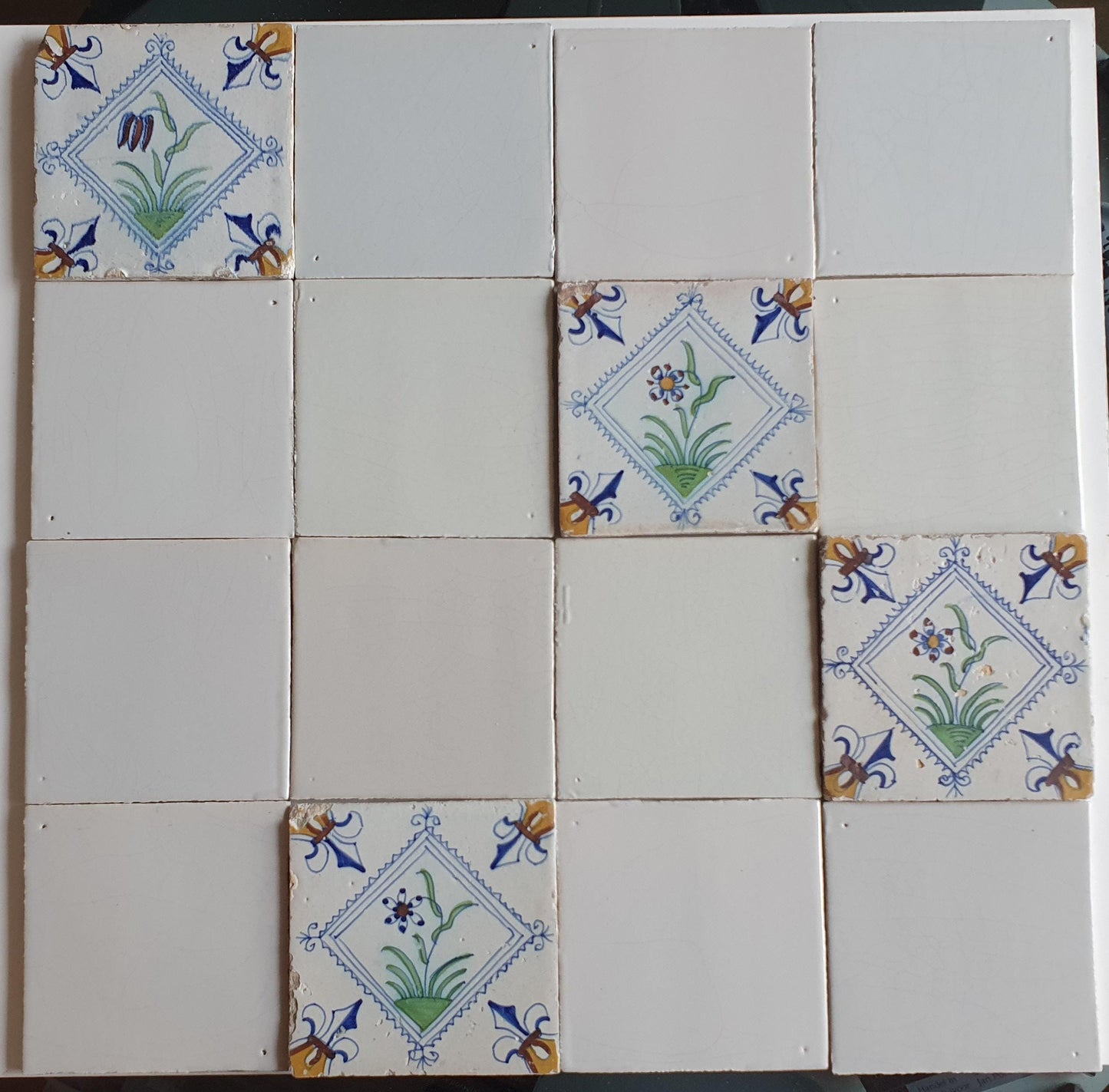 17th Century Delft Tiles, Dutch Polychrome Flower, White Tile Set
