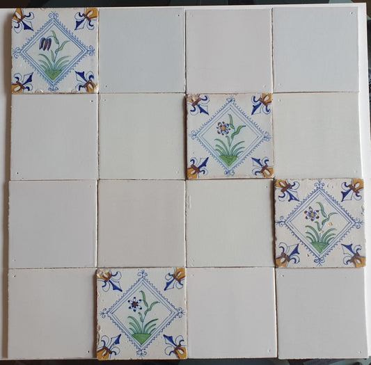 17th Century Delft Tiles, Dutch Polychrome Flower, White Tile Set