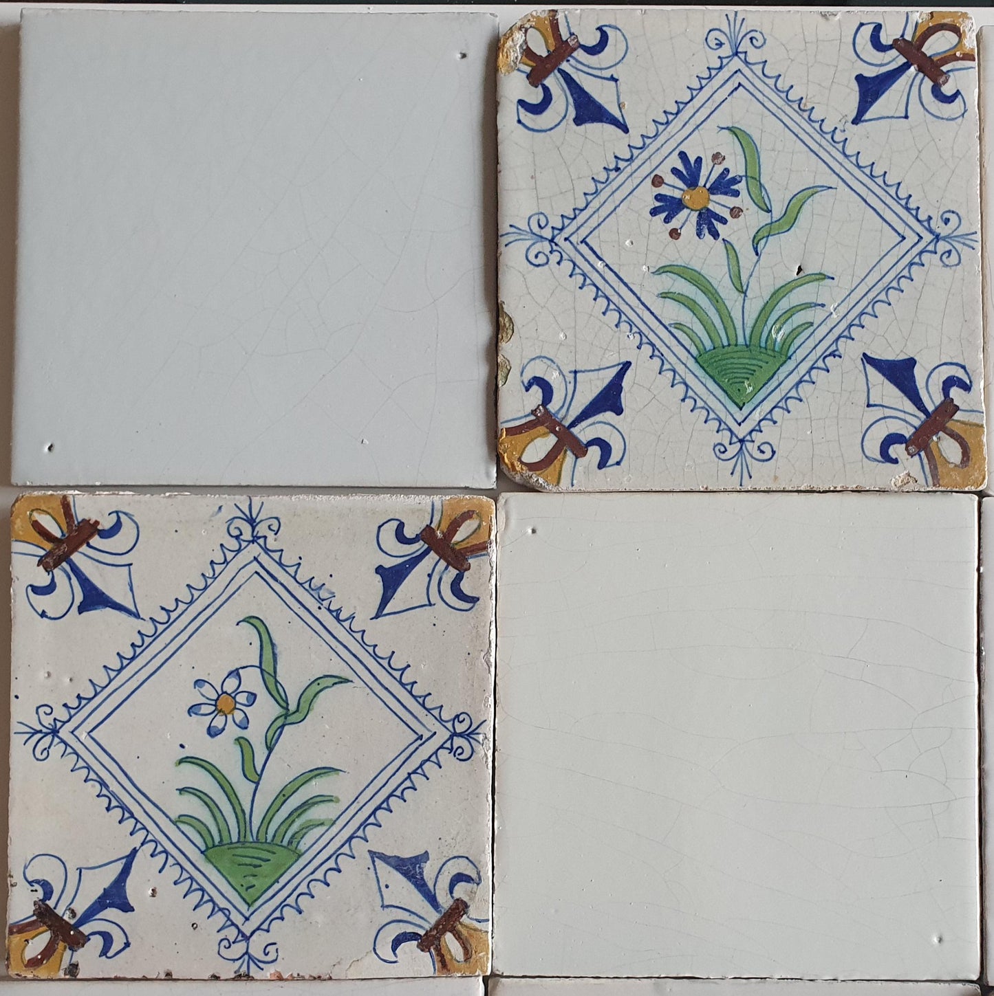 17th Century Delft Tiles, Dutch White Tilefield with Floral (16 pc)