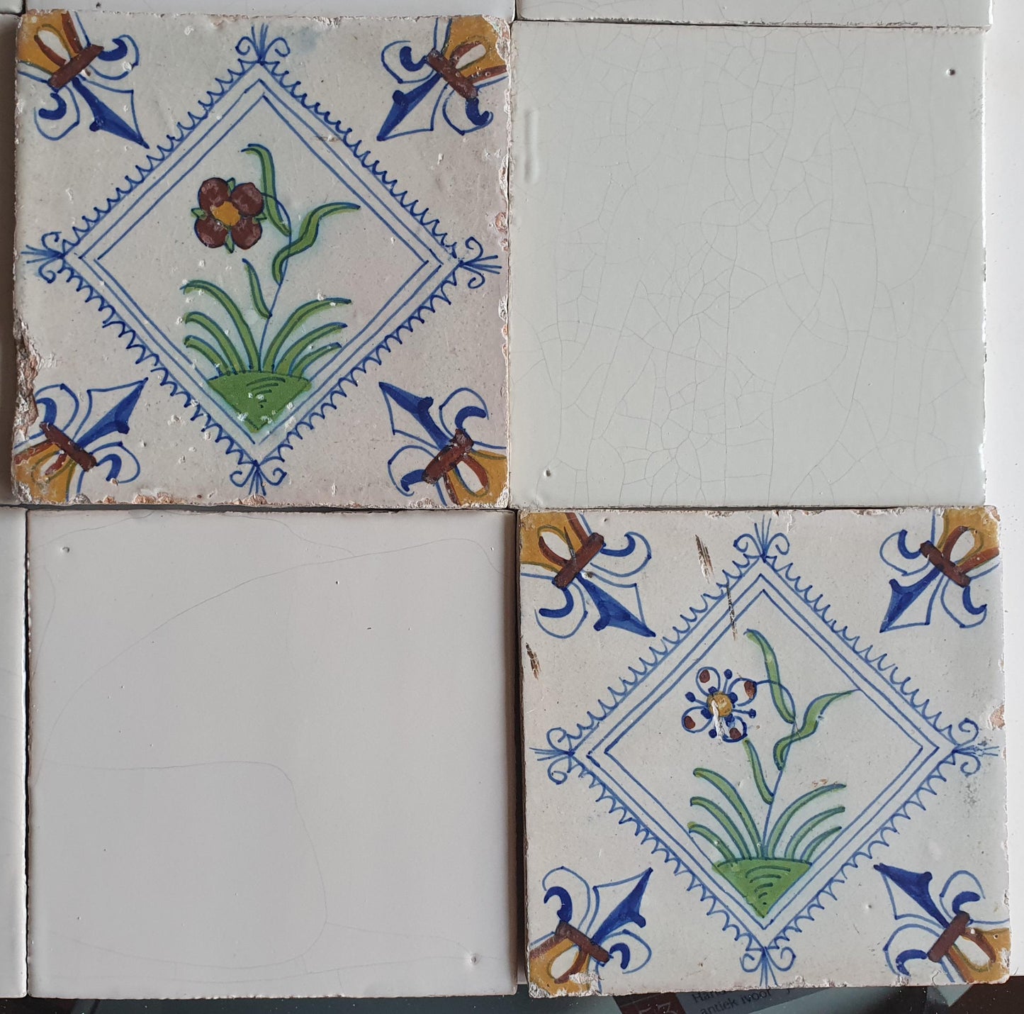 17th Century Delft Tiles, Dutch White Tilefield with Floral (16 pc)