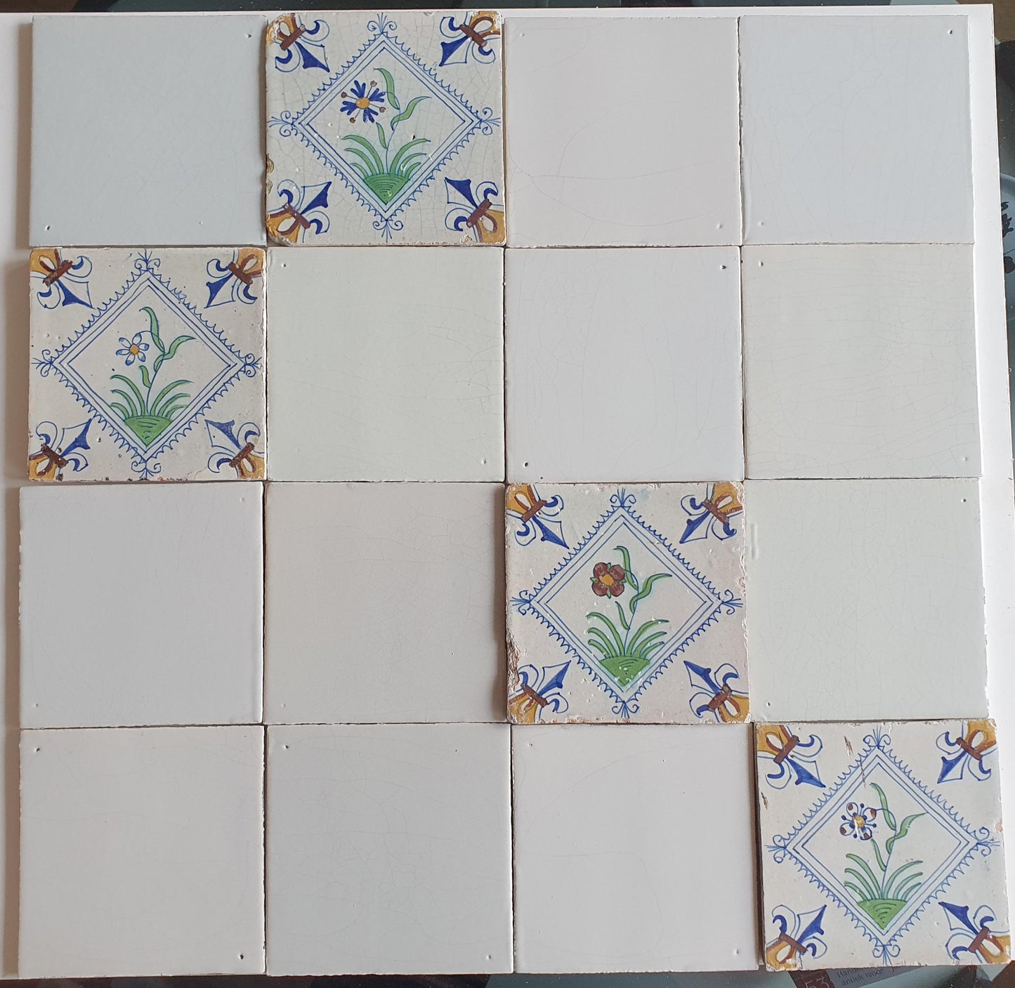 17th Century Delft Tiles, Dutch White Tilefield with Floral (16 pc)