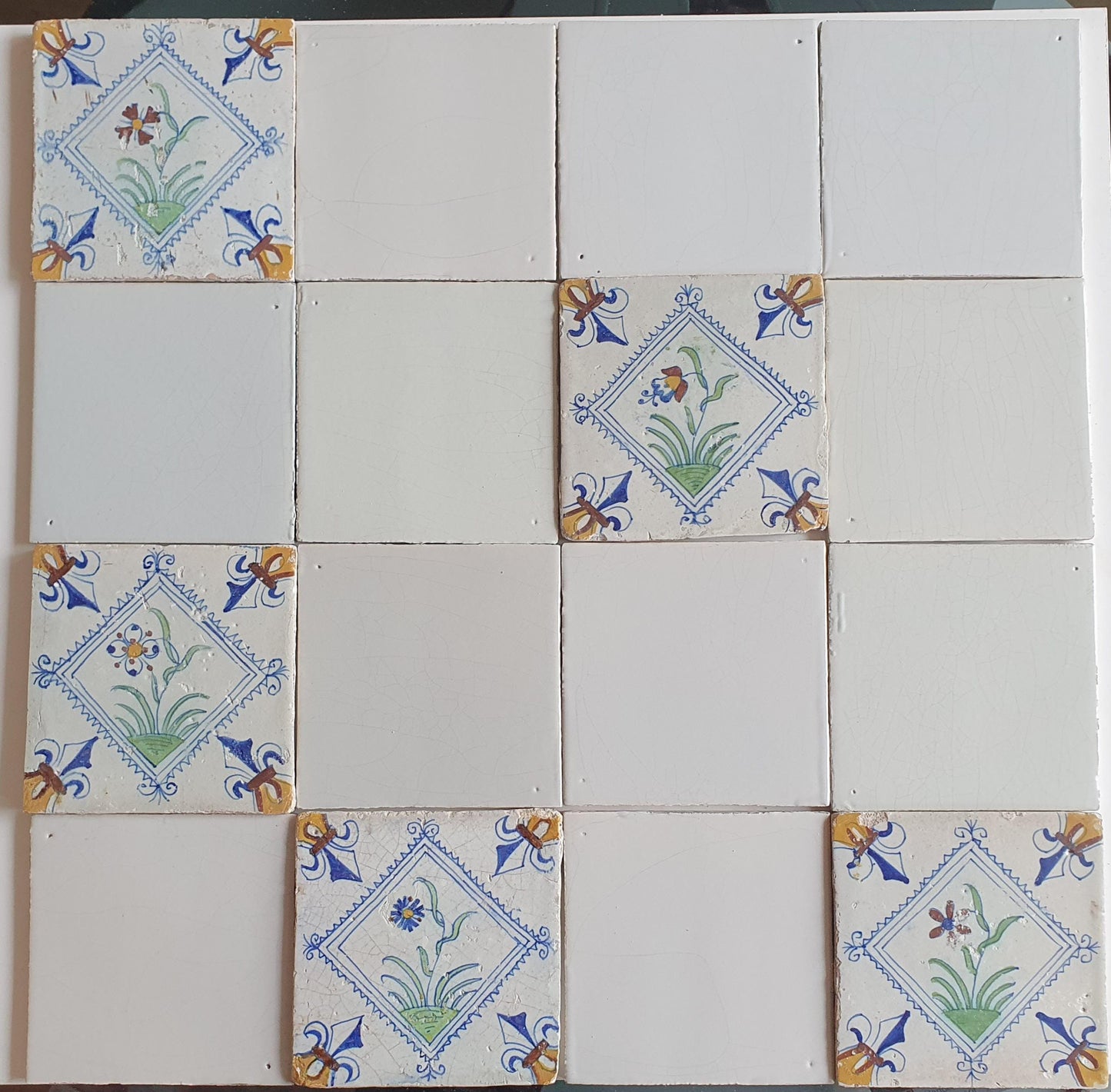 17th Century Delft Tiles: Dutch White & Polychrome Flower, Set of 16