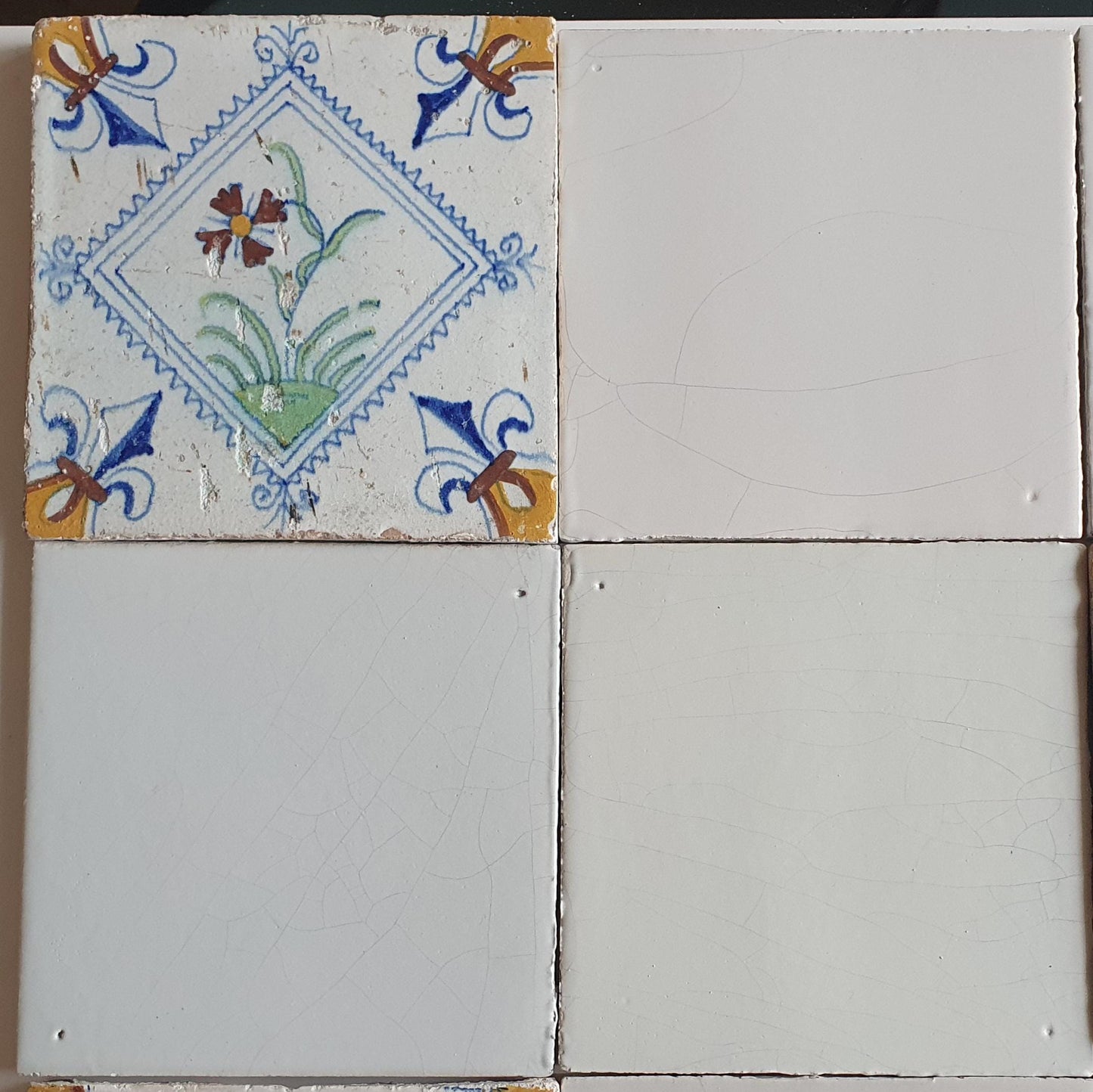 17th Century Delft Tiles: Dutch White & Polychrome Flower, Set of 16