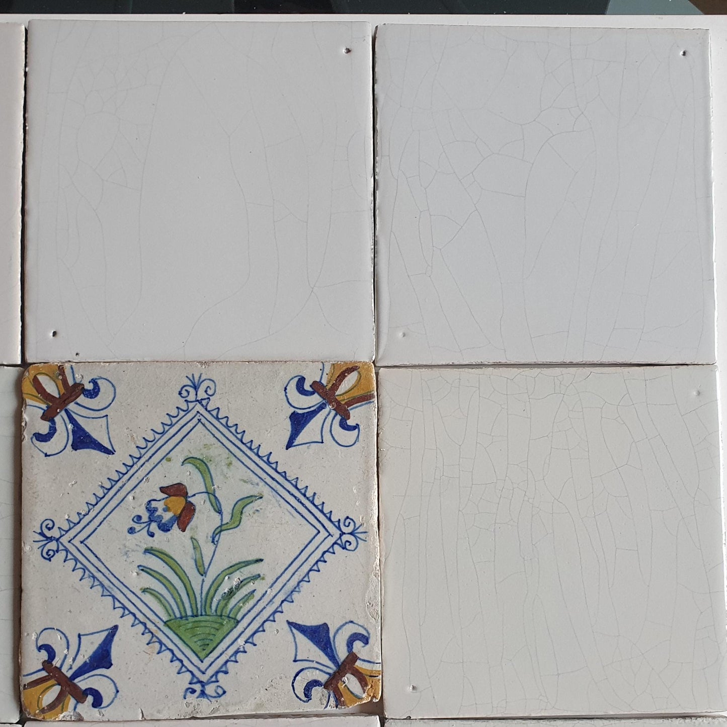 17th Century Delft Tiles: Dutch White & Polychrome Flower, Set of 16