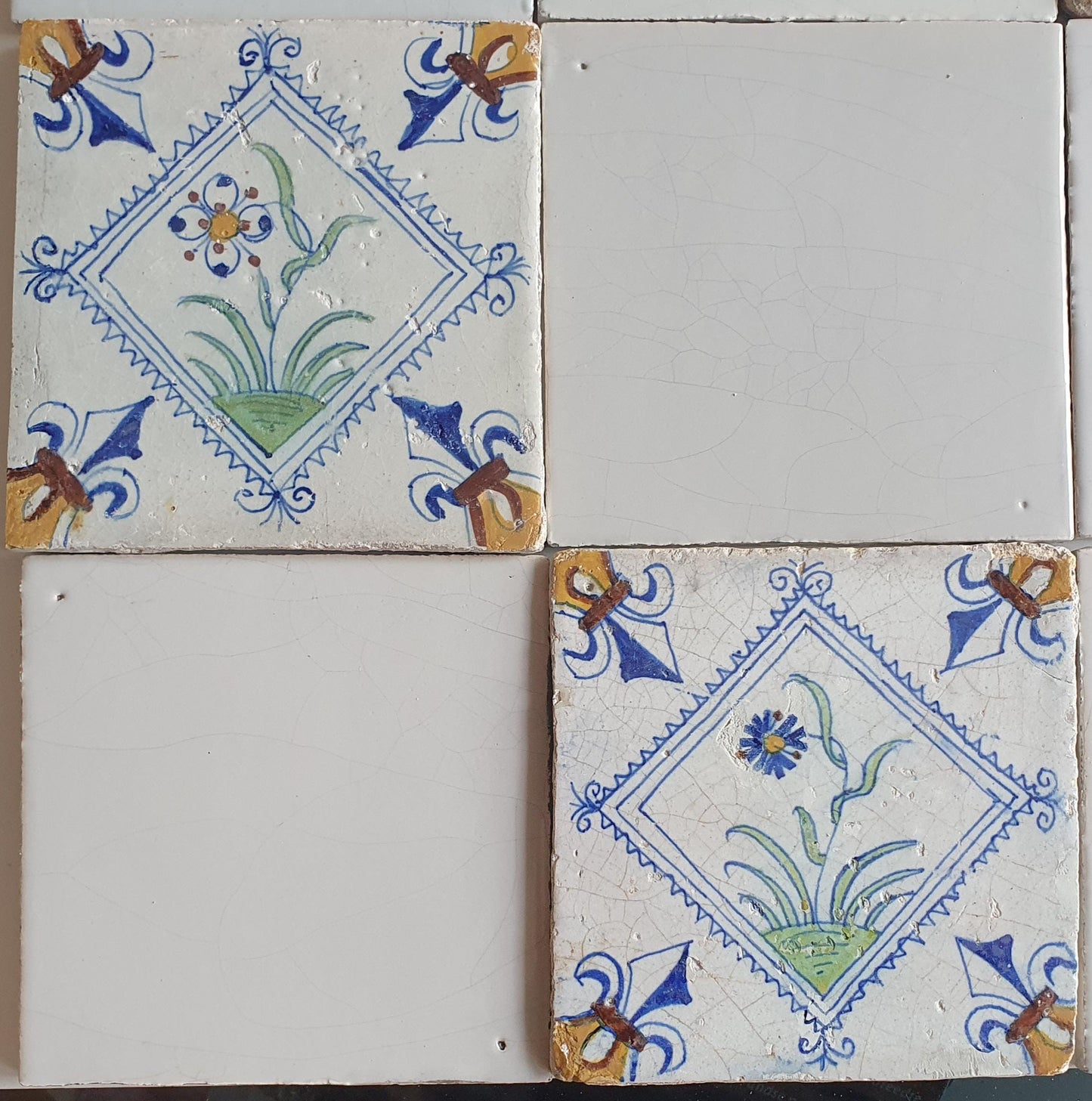 17th Century Delft Tiles: Dutch White & Polychrome Flower, Set of 16