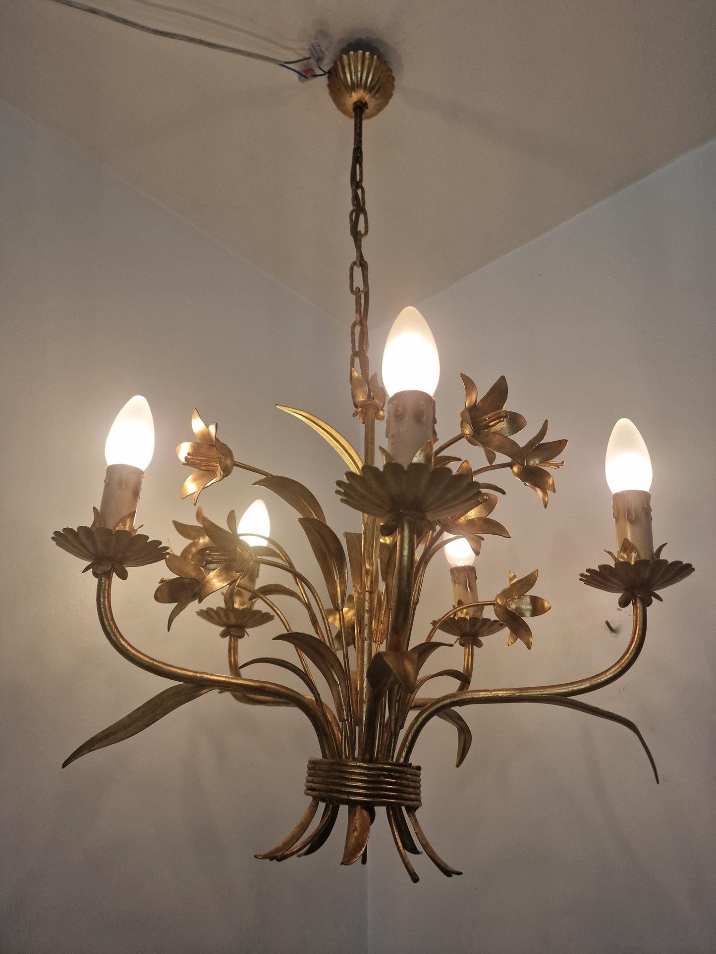 Gilt Floral Chandelier, 5-Light French Ceiling Lamp