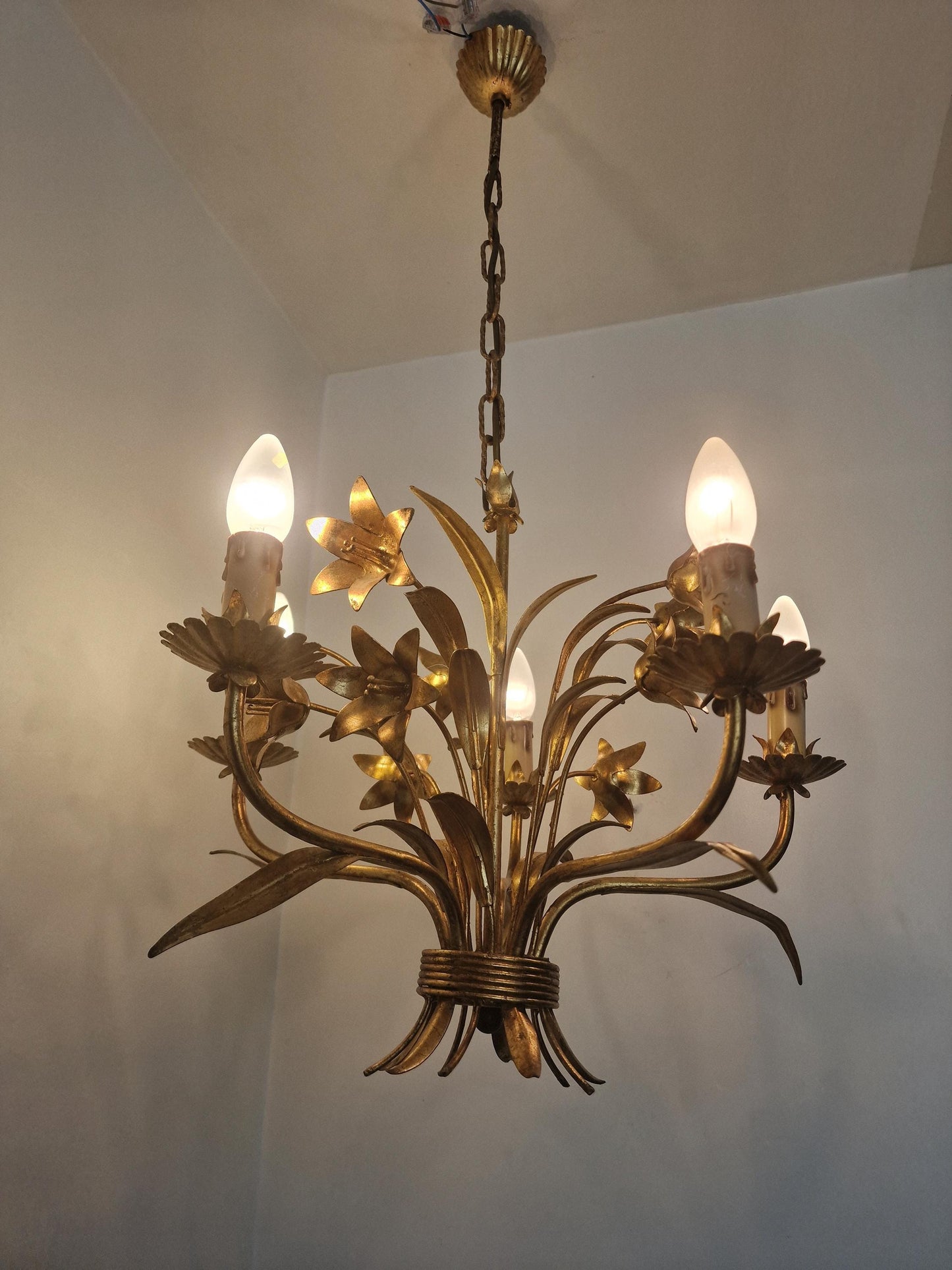 Gilt Floral Chandelier, 5-Light French Ceiling Lamp