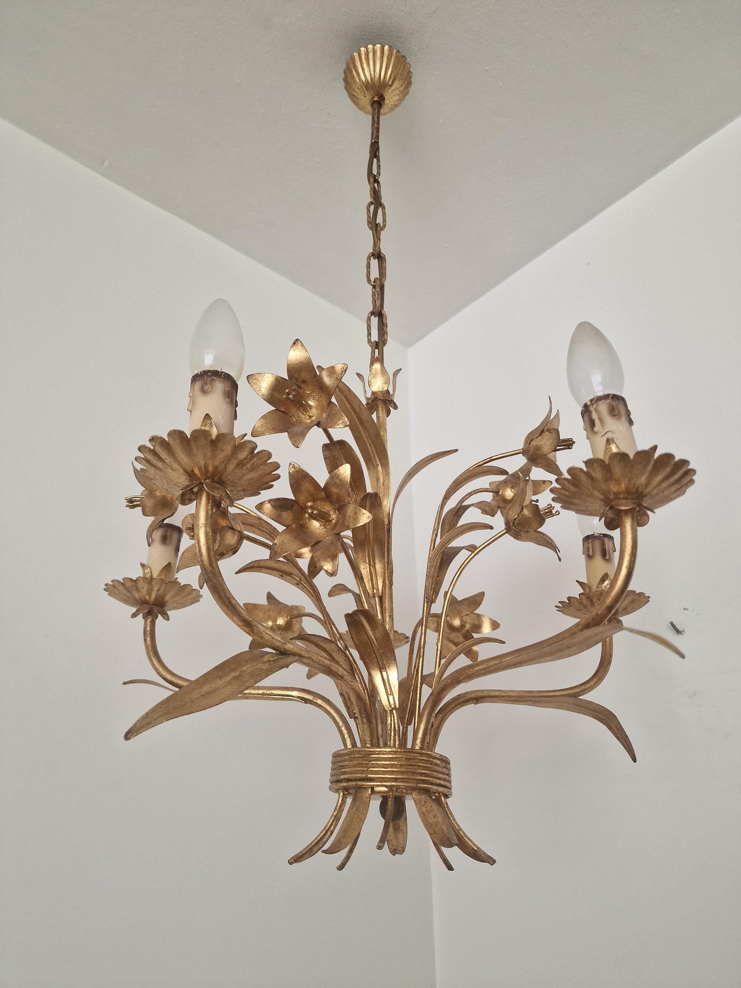 Gilt Floral Chandelier, 5-Light French Ceiling Lamp
