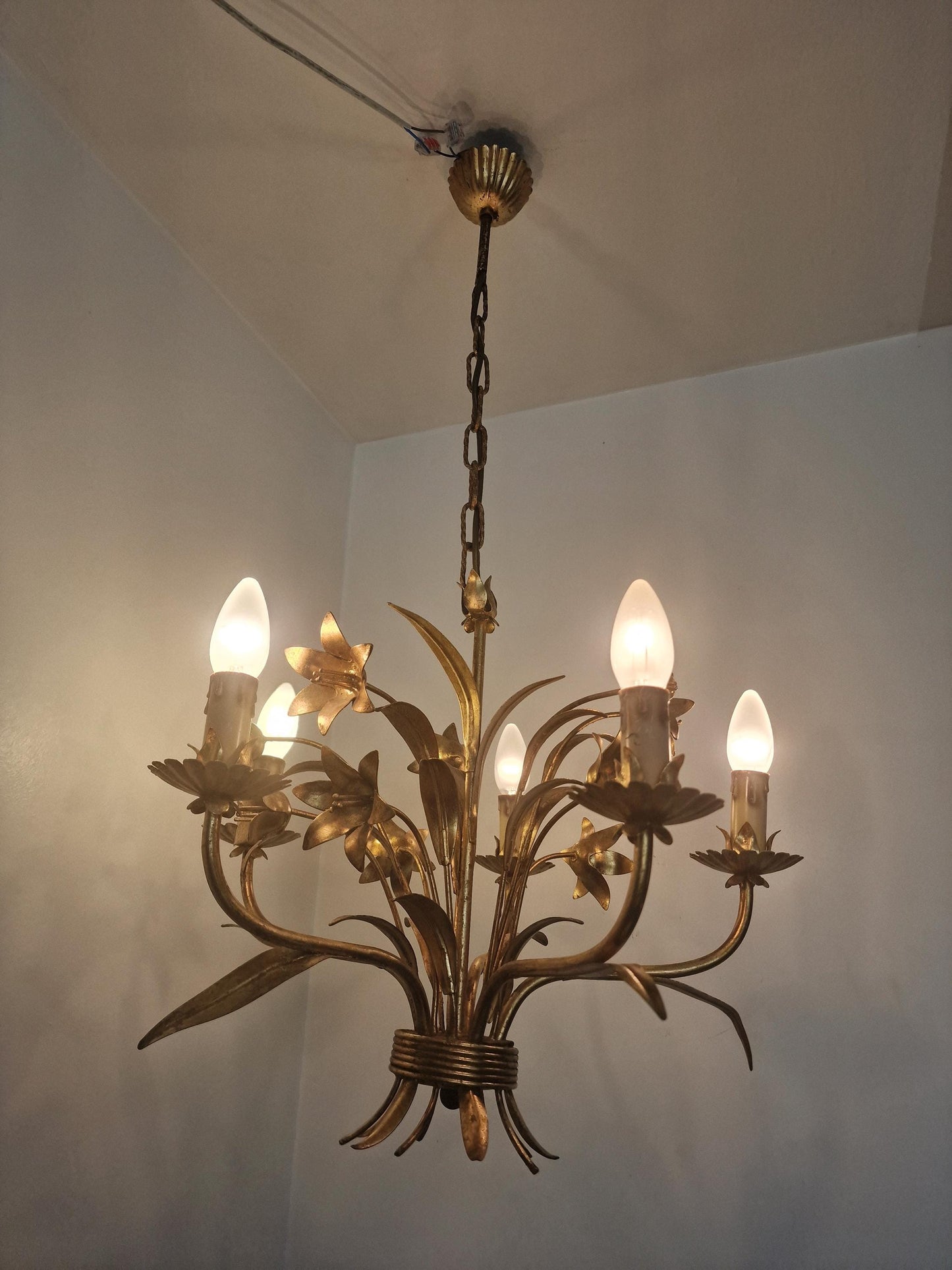 Gilt Floral Chandelier, 5-Light French Ceiling Lamp