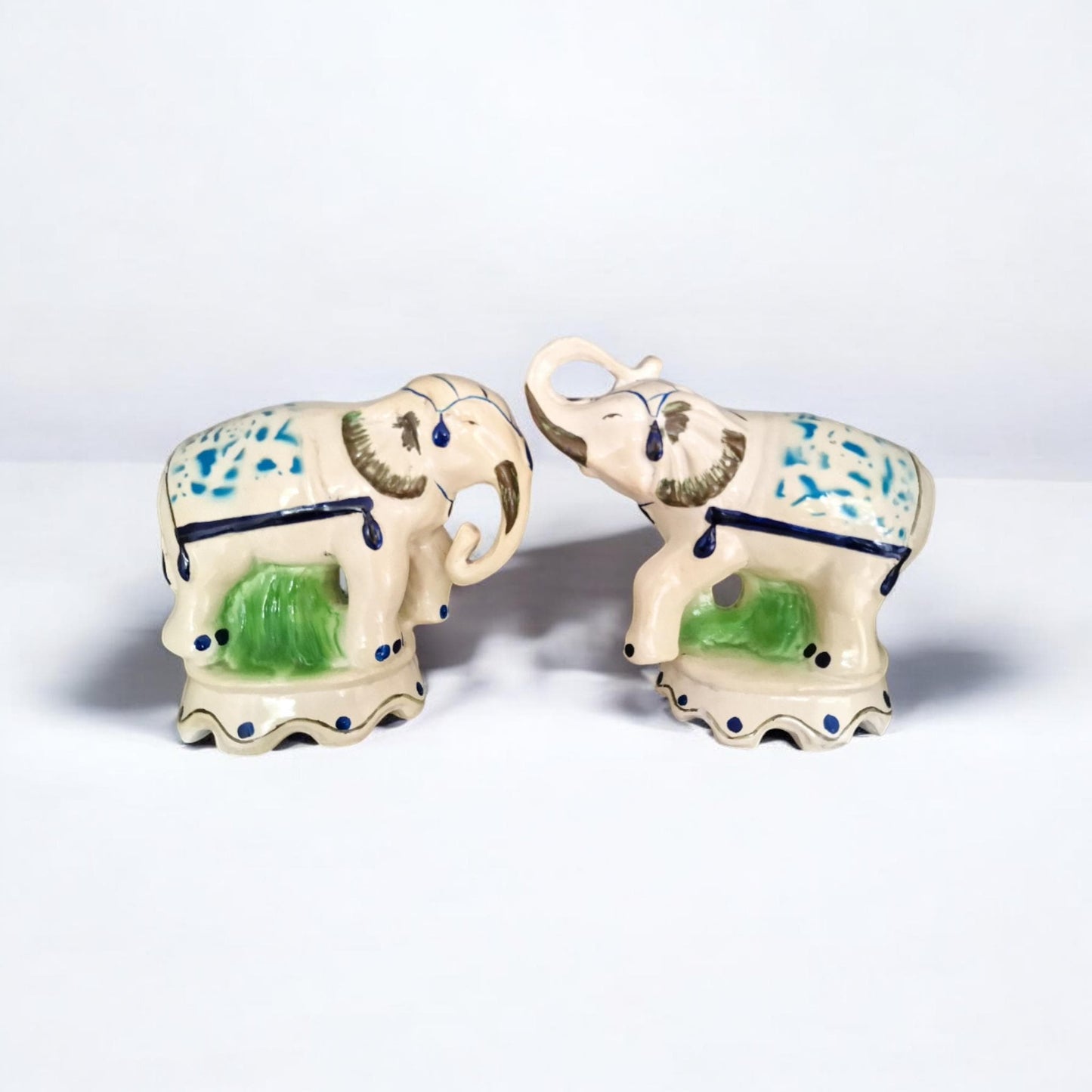 Antique Delft Handpainted Ceramic Elephant Figurines, Dutch Polychrome Pair