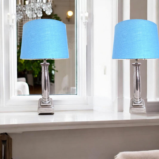 Silver-Plated Neoclassical Table Lamps, Blue Hood, Williams Sheffield, XL