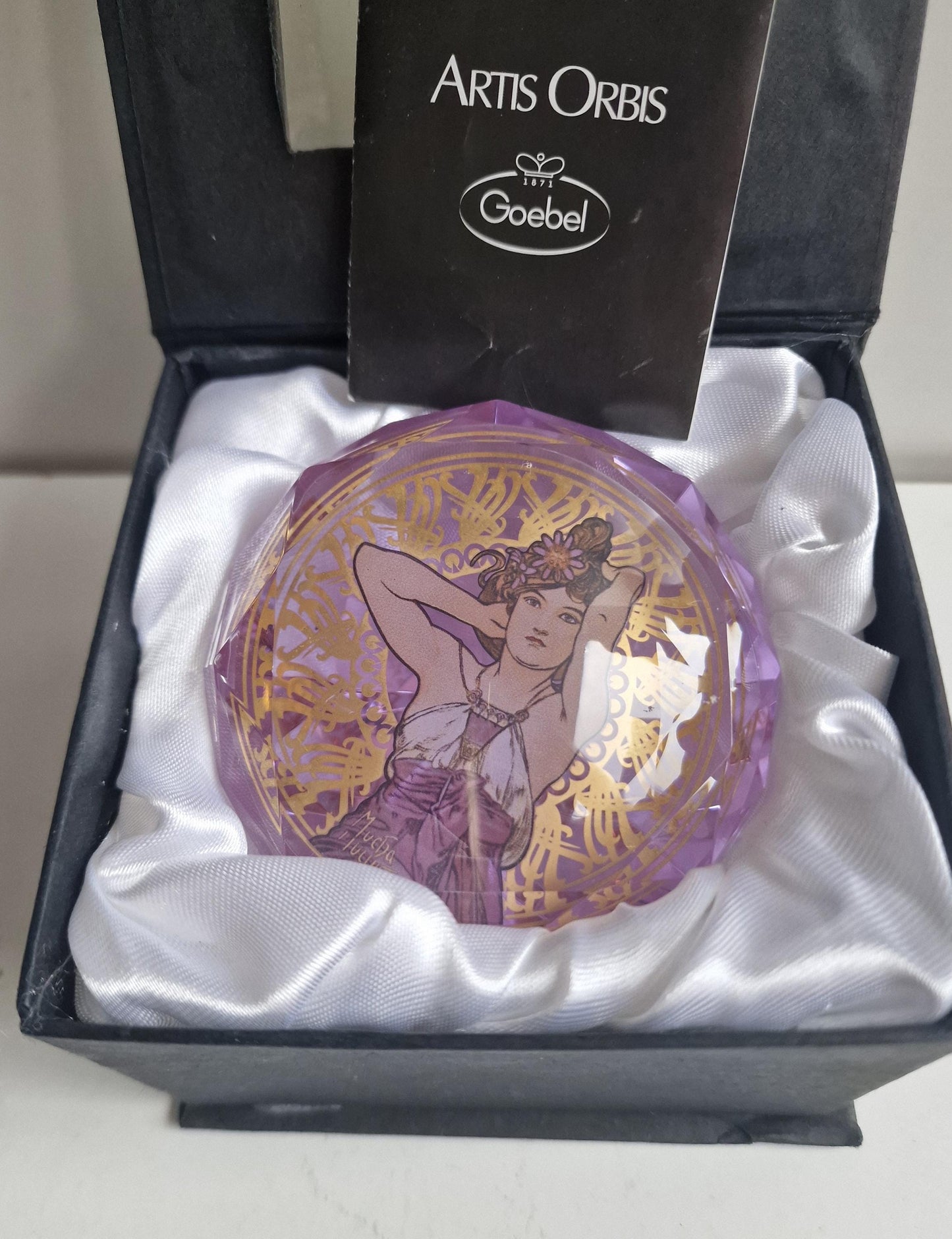 ALPHONSE MUCHA by Goebel, jugendstil Art, presse papier crystal kristal paperweight, boxed, paper
