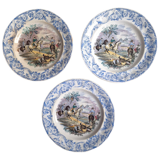 Antique Napoleon Petrus Regout Transferware Plates, Battlefield Scene