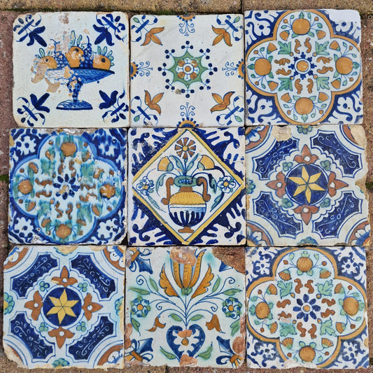 Antique Delft Tiles, 17th Century Dutch, Tilefield Set of 9