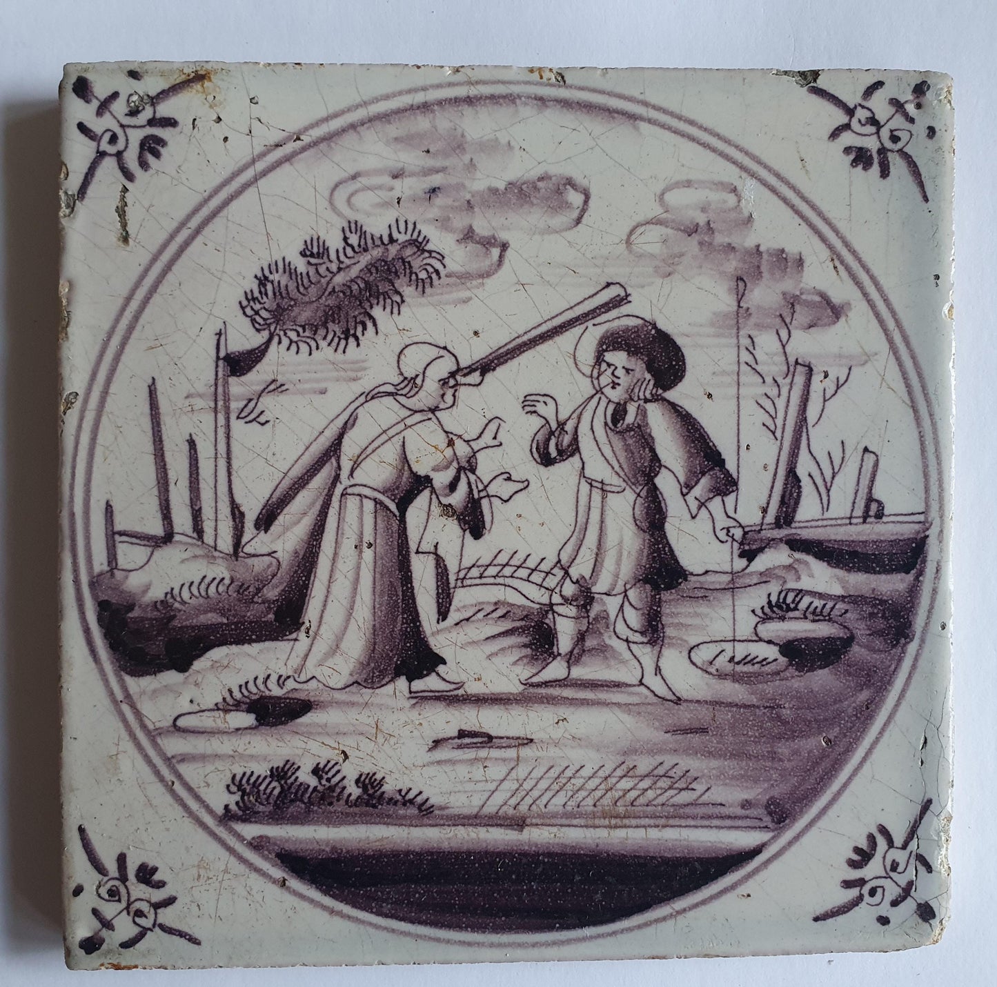This rare antique Delft tile depicts the Biblical scene.  alround 1760