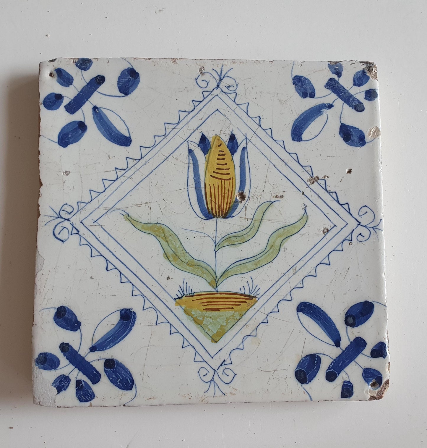 Antique Delft Tile, Tulip Motif, 1640s Dutch Majolica