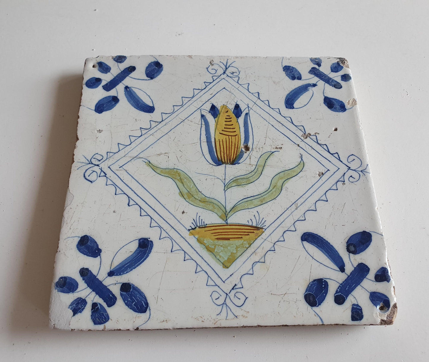 Antique Delft Tile, Tulip Motif, 1640s Dutch Majolica