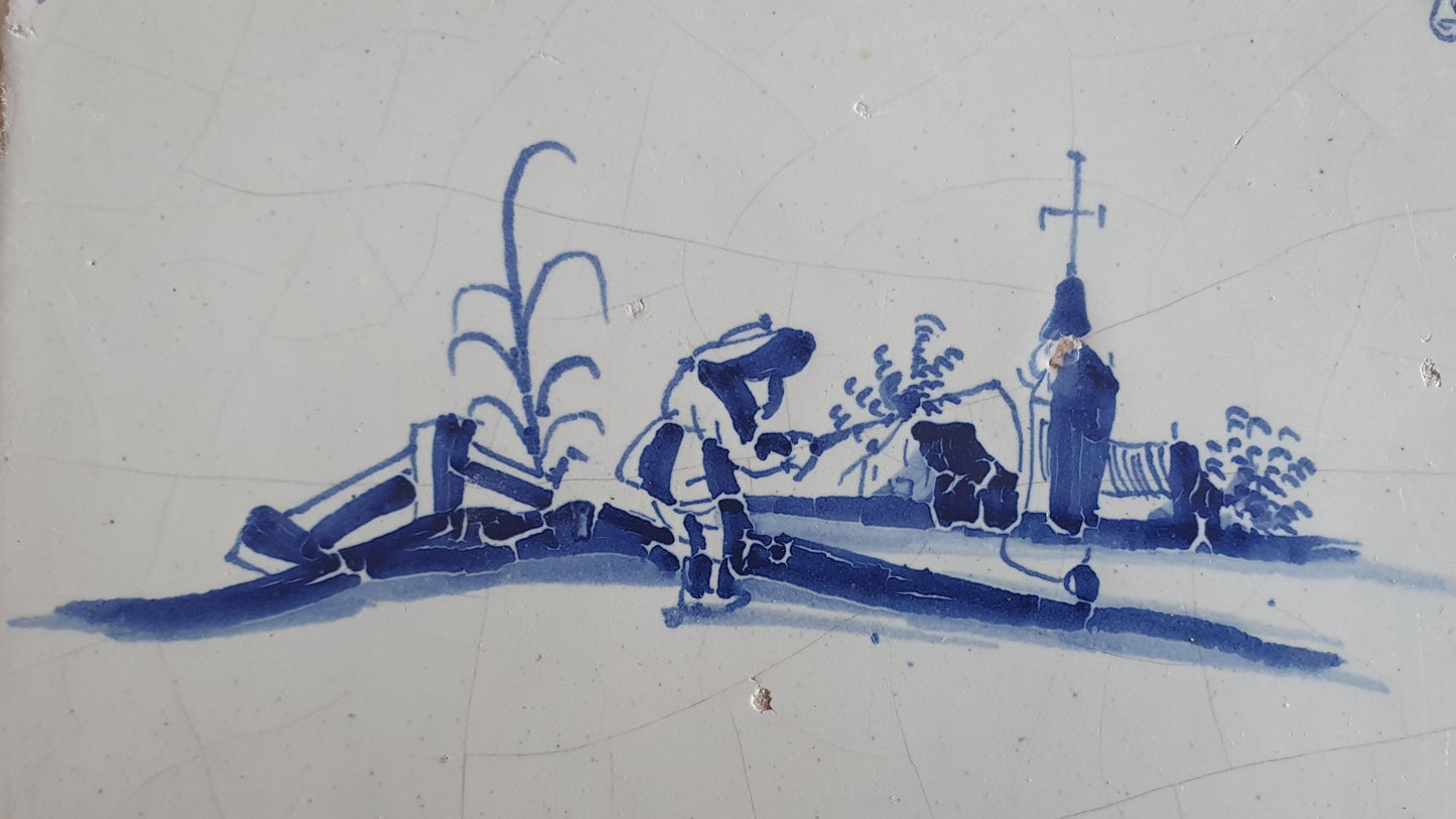 Antique Dutch Tile - fisherman in village scenery  - Dated 1640, rare! - spiderhead corner
