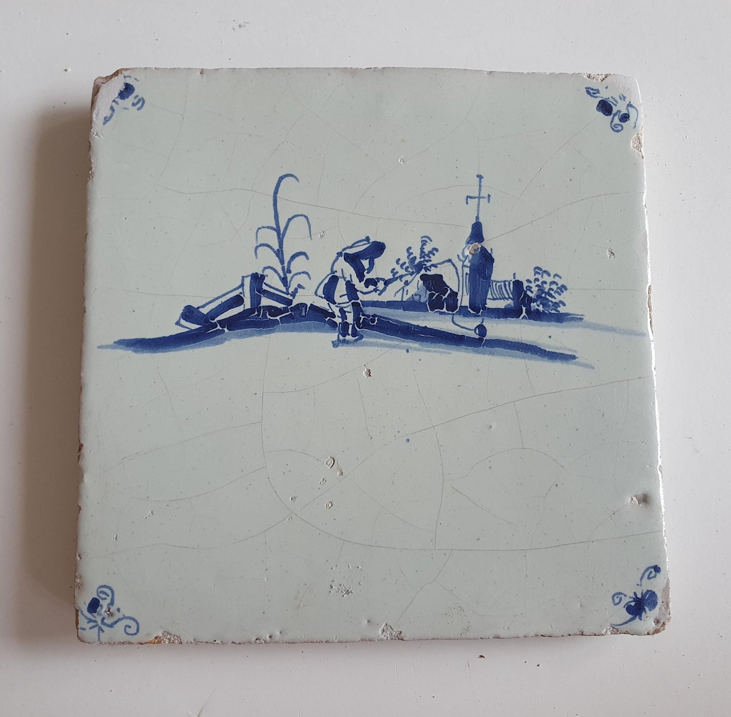 Antique Dutch Tile - fisherman in village scenery  - Dated 1640, rare! - spiderhead corner