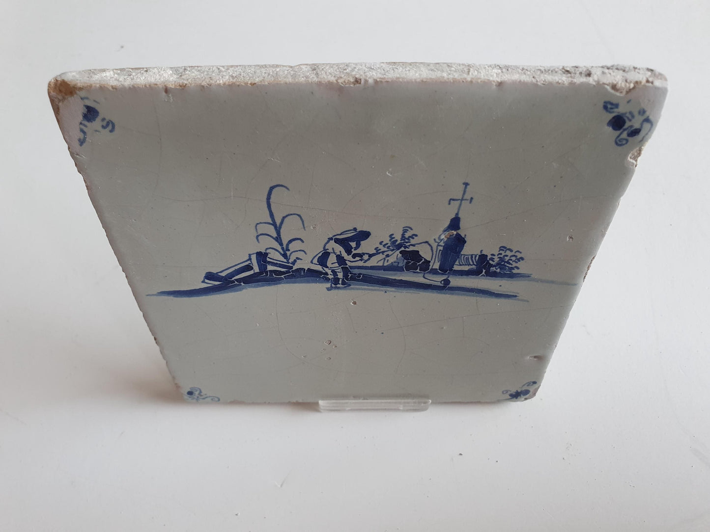 Antique Dutch Tile - fisherman in village scenery  - Dated 1640, rare! - spiderhead corner